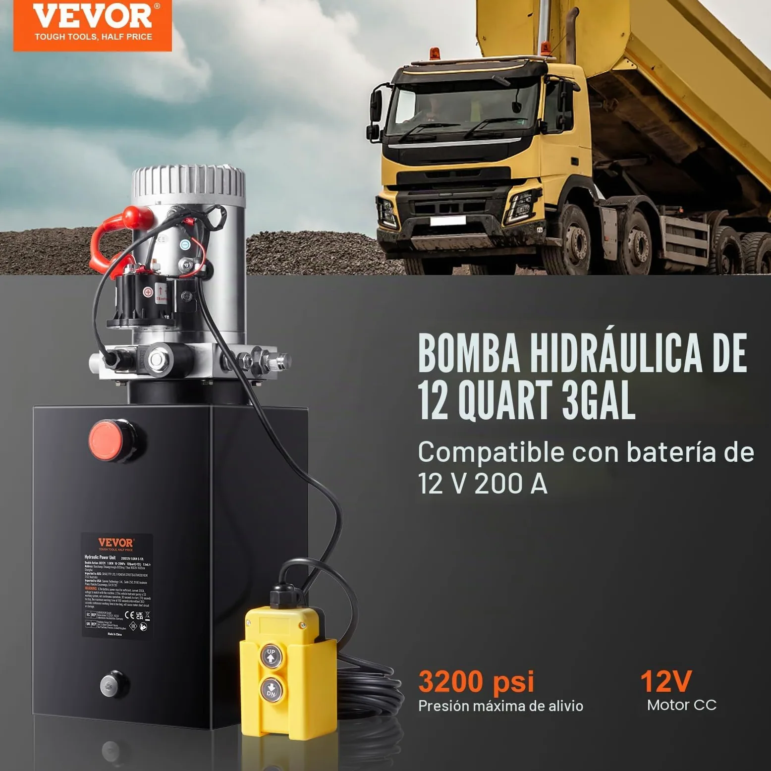 VEVOR Bomba Hidráulica DC 12 V 11 L Unidad Hidráulica de Acción Única Flujo de Aceite 3,44 L/min Presión Máxima de Descarga 22 MPa para Volquete, Plataforma Elevadora, Remolque, Elevación y Descarga