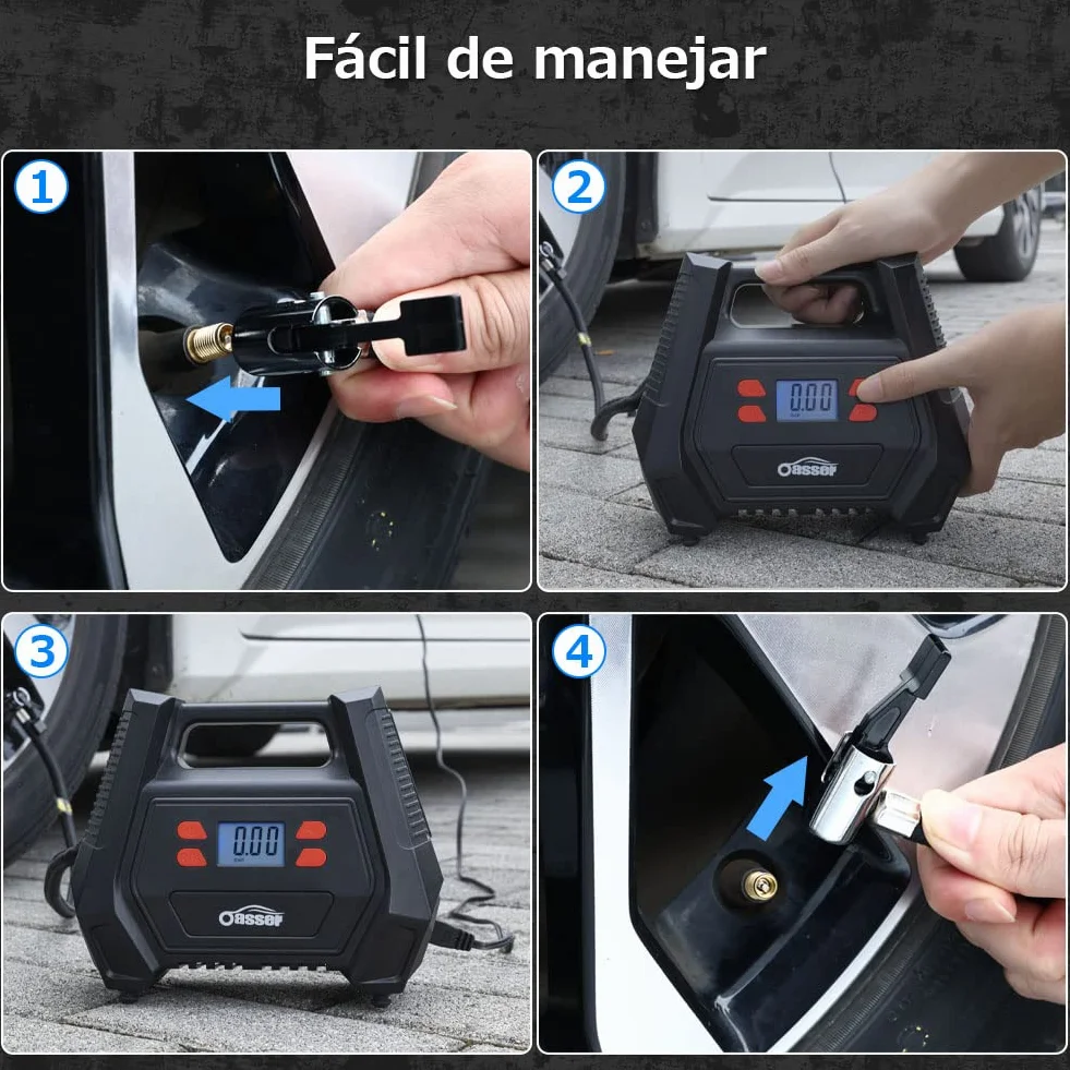Oasser Inflador Ruedas Coche DC 12V y AC 220V Compresor Aire portatil con Pantalla LCD Luz LED Cable de 3M 150PSI para Coches, Motos y Bicicletas