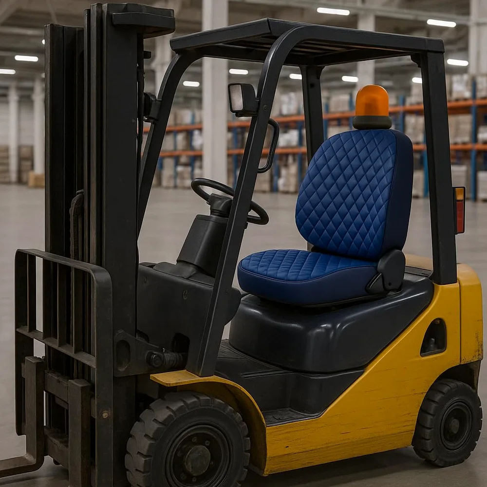 Funda de asiento de tractor resistente, acolchado Impertex duradero para tractores y carretillas elevadoras, cortacésped (cuero azul, costuras azules)