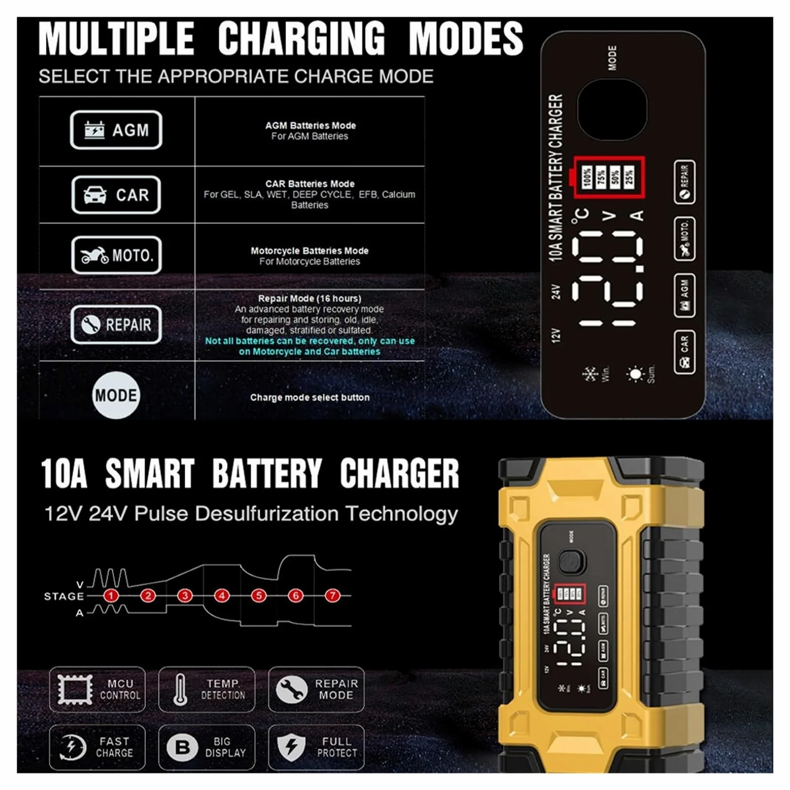 Cargador De Batería Coche 12V Y 24V Carga Automática Inteligente LCD Digital Carga De PrecisióN