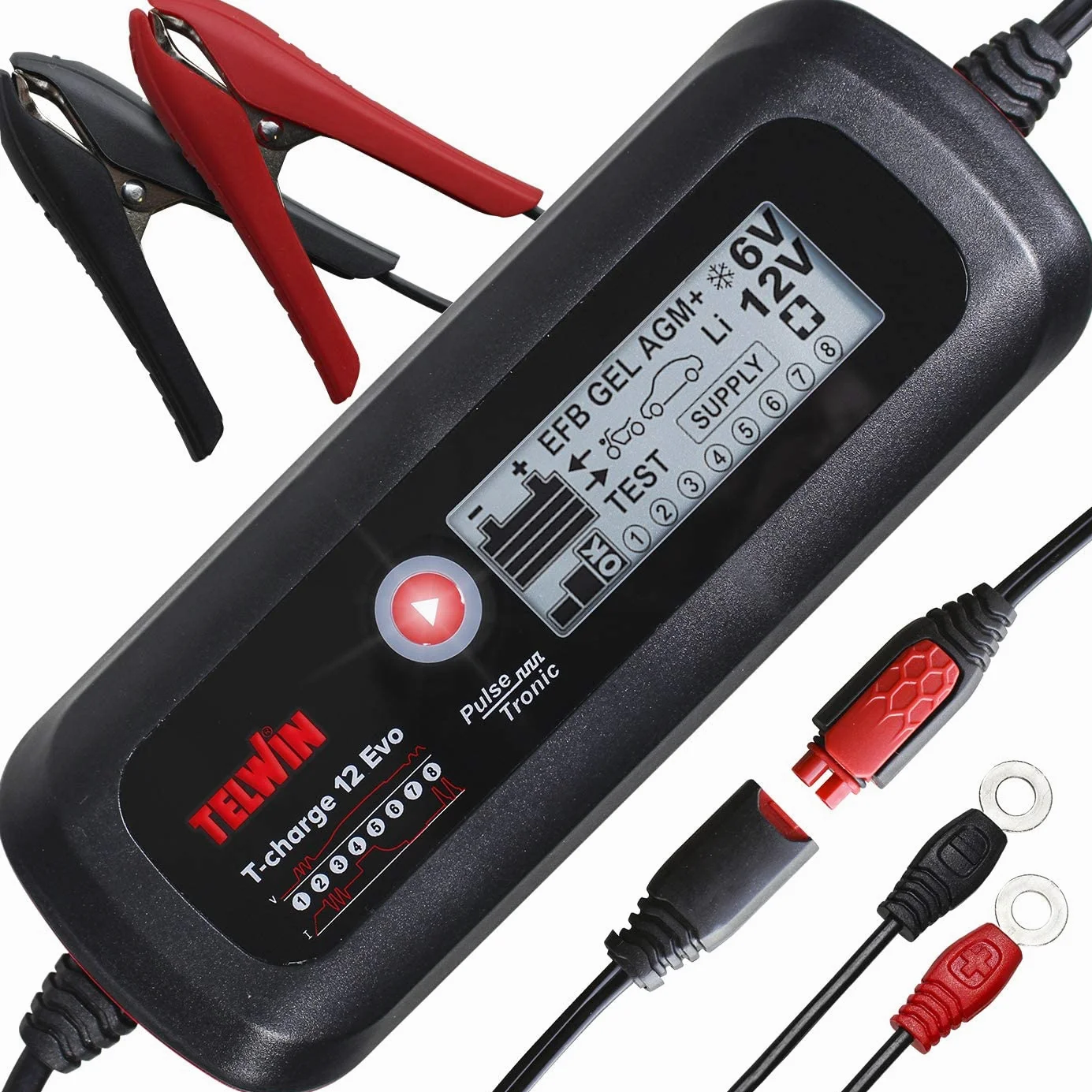 Telwin 807578 Cargador de baterías, mantenedor de carga y tester electrónico multifunción T-CHARGE 12 EVO