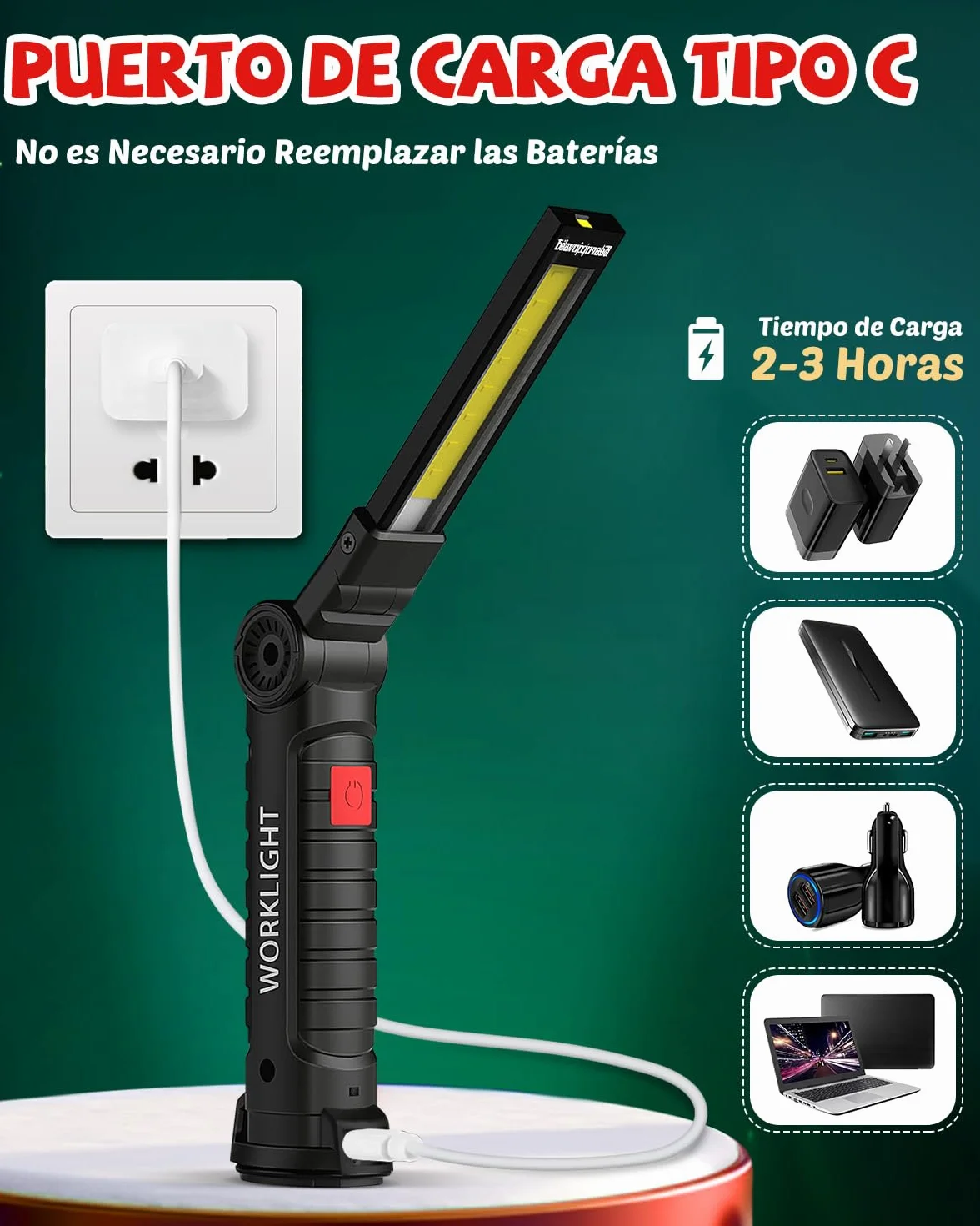 Coquimbo Regalo Hombre Linterna Taller LED Recargable, Linterna Portátil de Trabajo Lámpara de Inspección con Magnética Base y Gancho para Taller Cámping Emergencia(2 Piezas, Negro)