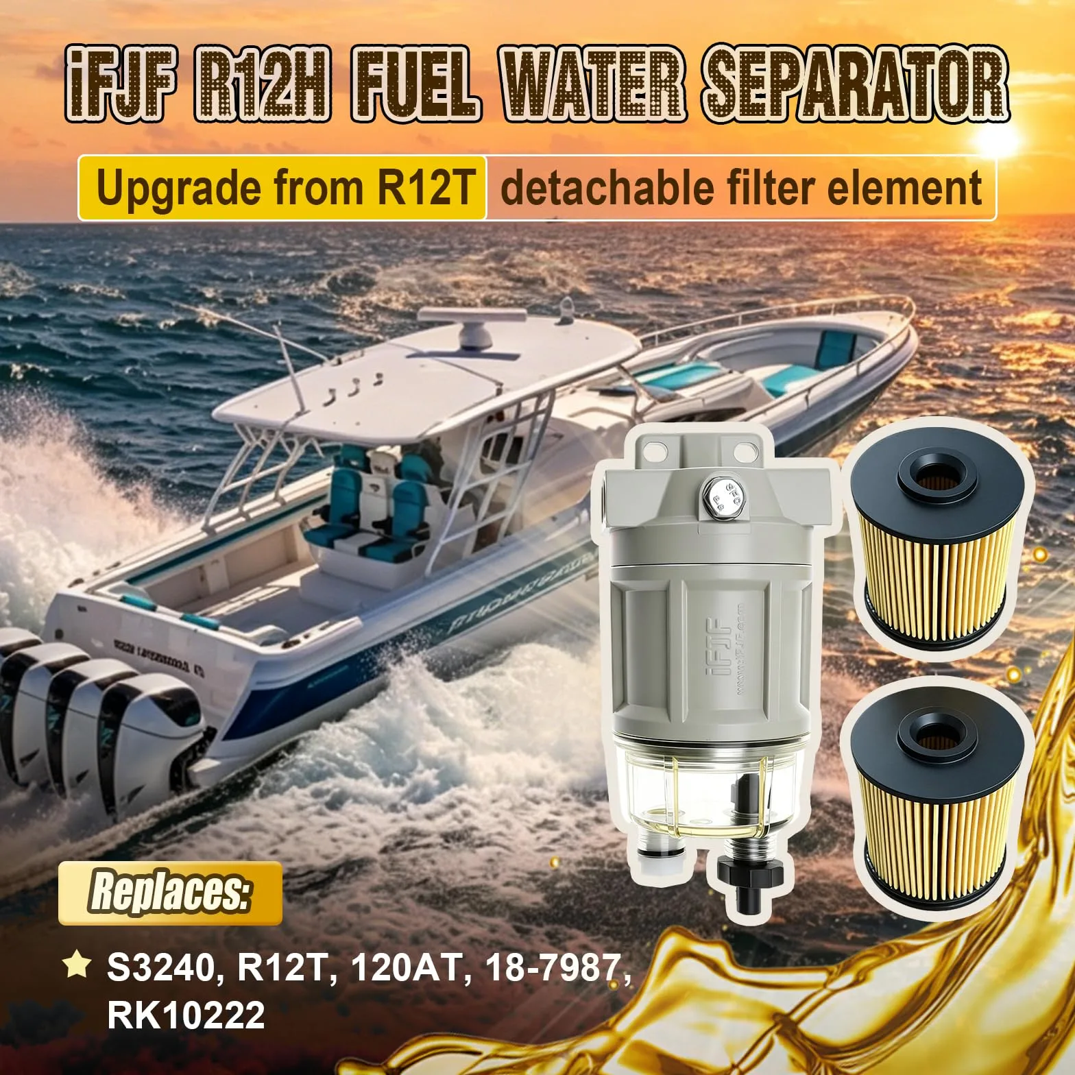 iFJF R12H (R12T Upgrade) Separador de agua combustible marino Combo completo – Sustituye a S3240 120AT NPT ZG1/4-19 filtro giratorio de repuesto automotriz incluye 2 accesorios y 2 enchufes