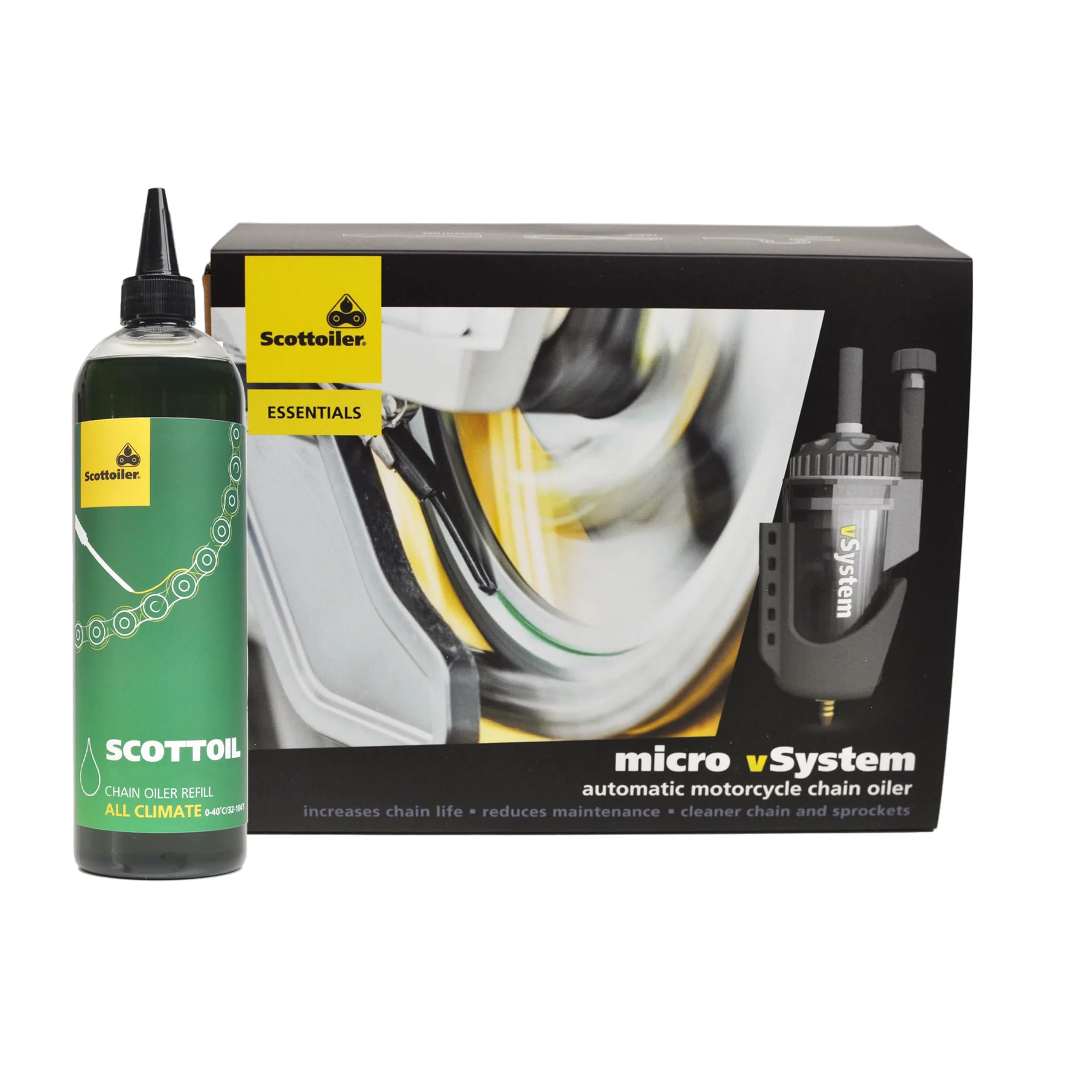 Scottoiler Essentials - Micro-vSystem - Lubricador Automático de Cadena de Motocicleta y Recarga de 500ml de Scottoil Verde Biodegradable All Climate - Bundle Kit de Inicio…