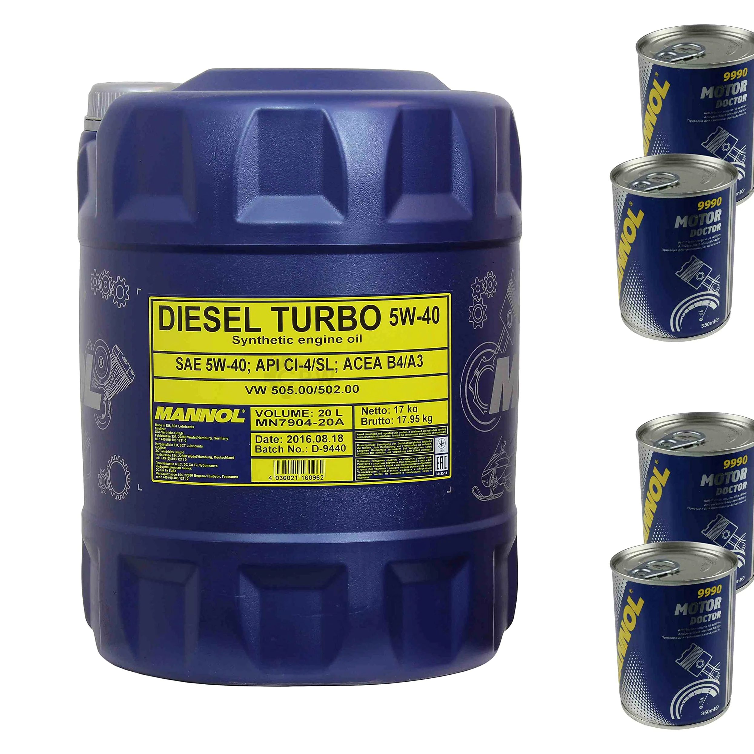 Aceite de motor Mannol Diesel Turbo 5W-40 4 x Motor Doctor Aditivo (20 L)