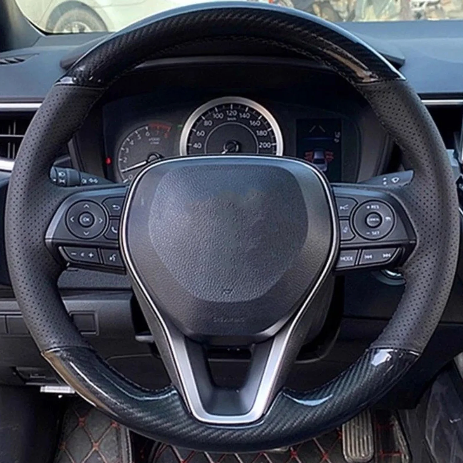 Funda para Volante De Coche para Toyota para Avalon para Camry para Crown para RAV4 2018-2022 Protector para Volante de Coche Cuero Genuino Blanco y Punto