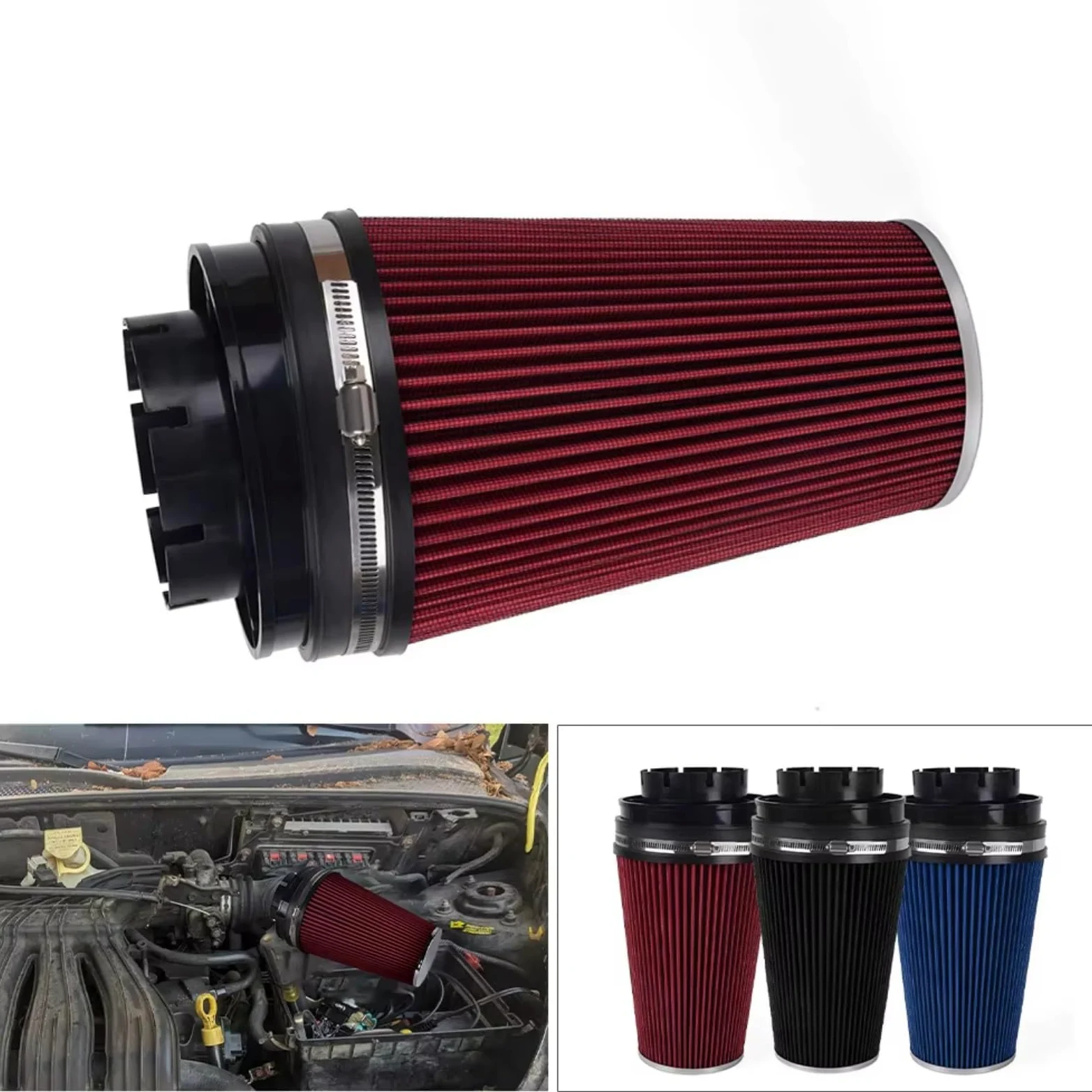 4 Pulgadas 102 Mm Universal Flujo Seco Filtro Aire Coche Tipo Seta filtro de aire motor | Piezas de modificación del motor de coche del filtro de entrada de aire principal(Black)