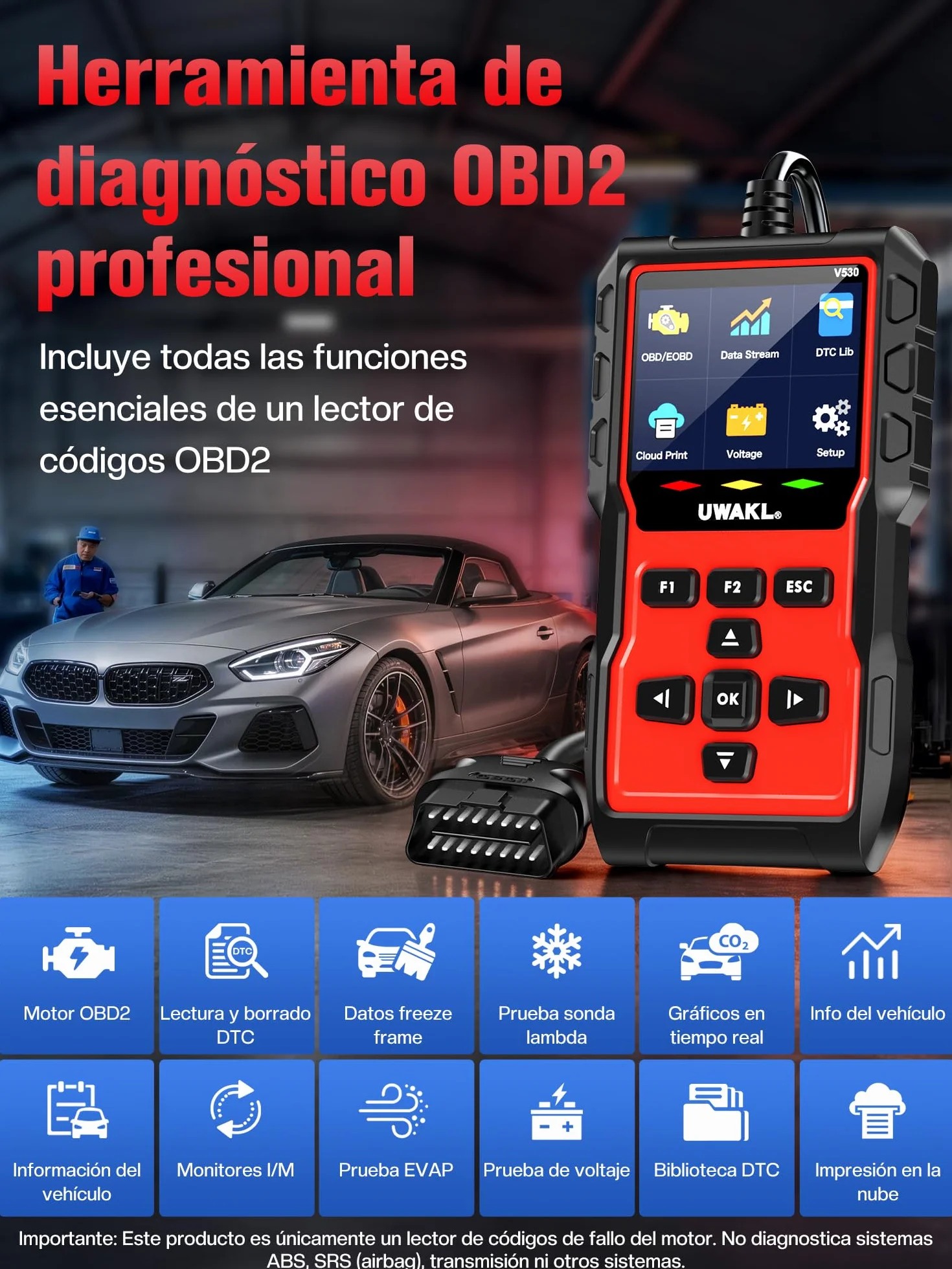 OBD2 Diagnosis Coche Scanner OBD: EOBD maquina Diagnóstico Coche en Español - Scanner OBD2 Multimarca Vehículos con Prueba de Batería - Lector Códigos Fallos Motor Autos Completas OBDII Funciones