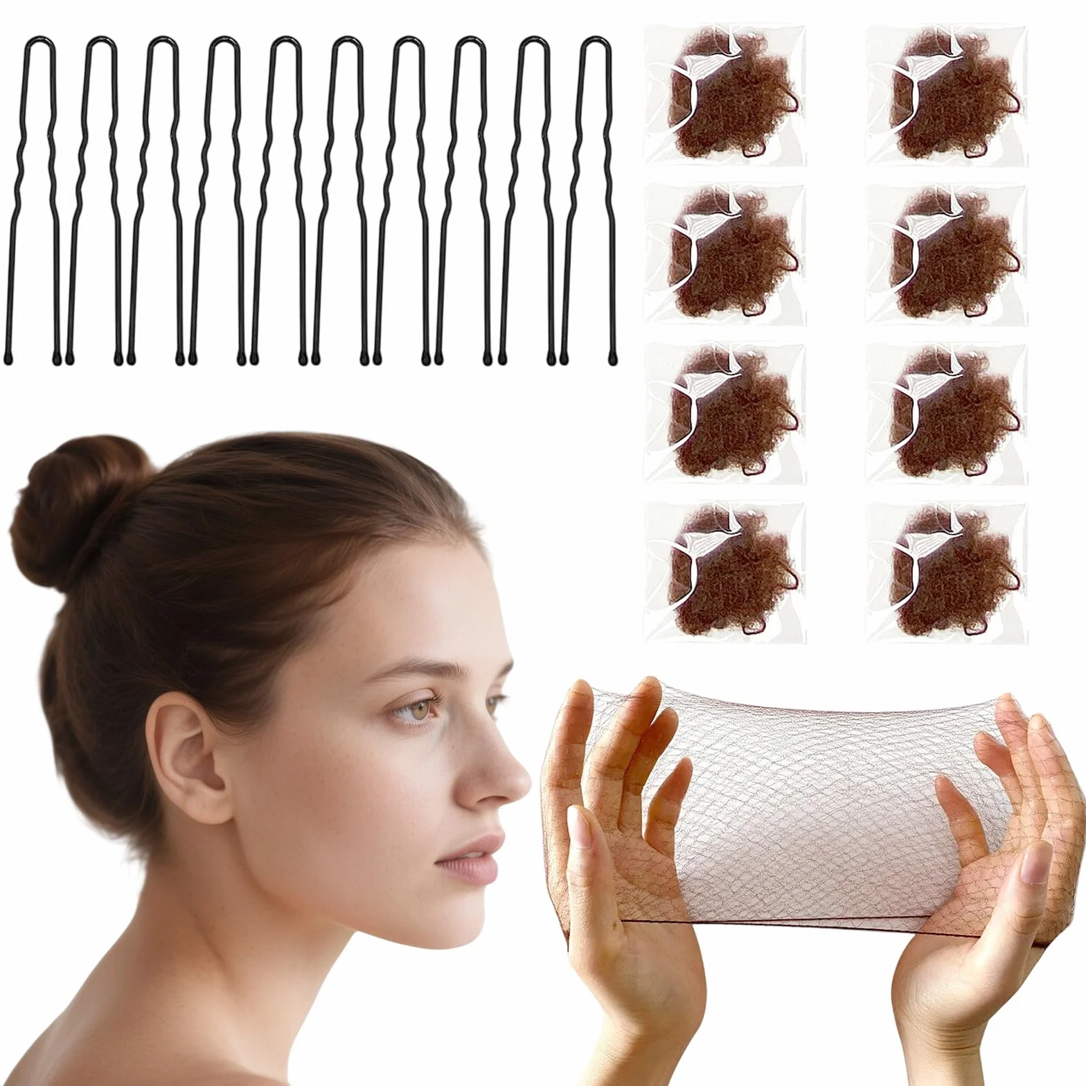 Redecillas de Pelo Invisibles de Nylon, Horquillas de Pelo U, 30 Piezas, para Camarera, Enfermera, Bailarinas, Azafatas (marrón)