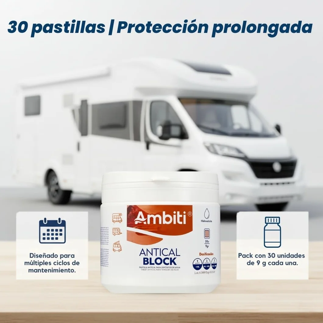 Ambiti | Antical Block | Tabletas para Eliminar y Prevenir la Cal en Depósitos de Agua Limpia, Grises | Ideal para Cisternas, Caravanas y WC |Mejora la Calidad del Agua |30 Pastillas de 9 gr