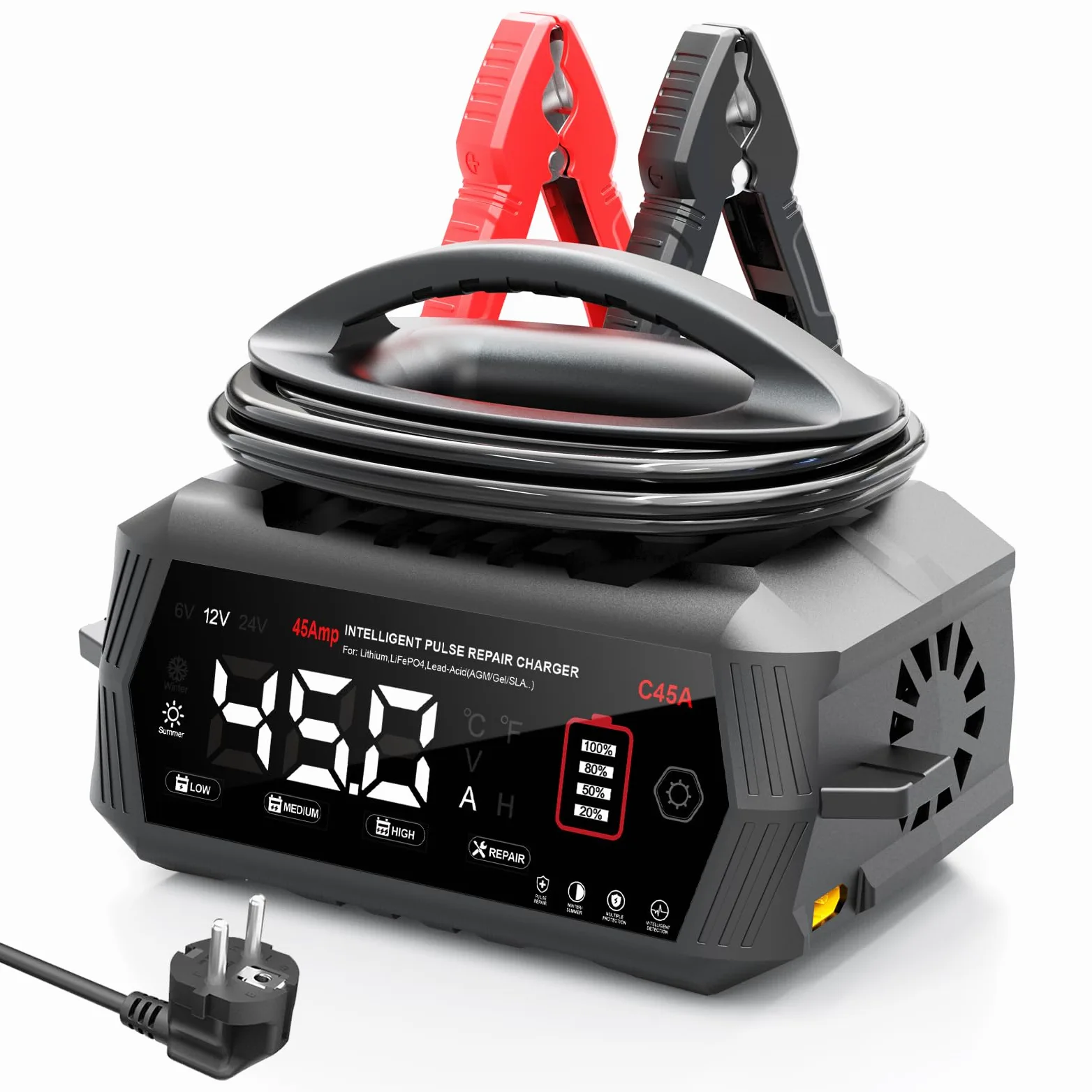 45A 6V/12V/24V Autobatterieladegerät-Haisito Intelligentes Ladegerät mit LCD-Display, Batteriepfleger,Erhaltungsladung&Entsulfatierung für AGM,Lithi,LiFePO4,Blei-Säure(Motorrad Wohnmobil, Caravan)