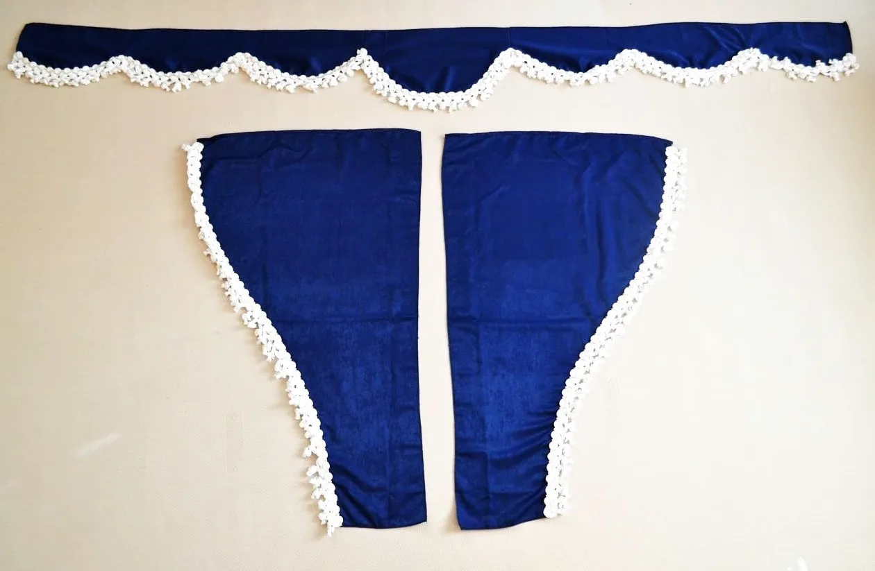 Juego de 3 cortinas decorativas de peluche con pompones blancos para camiones Volvo (azul)