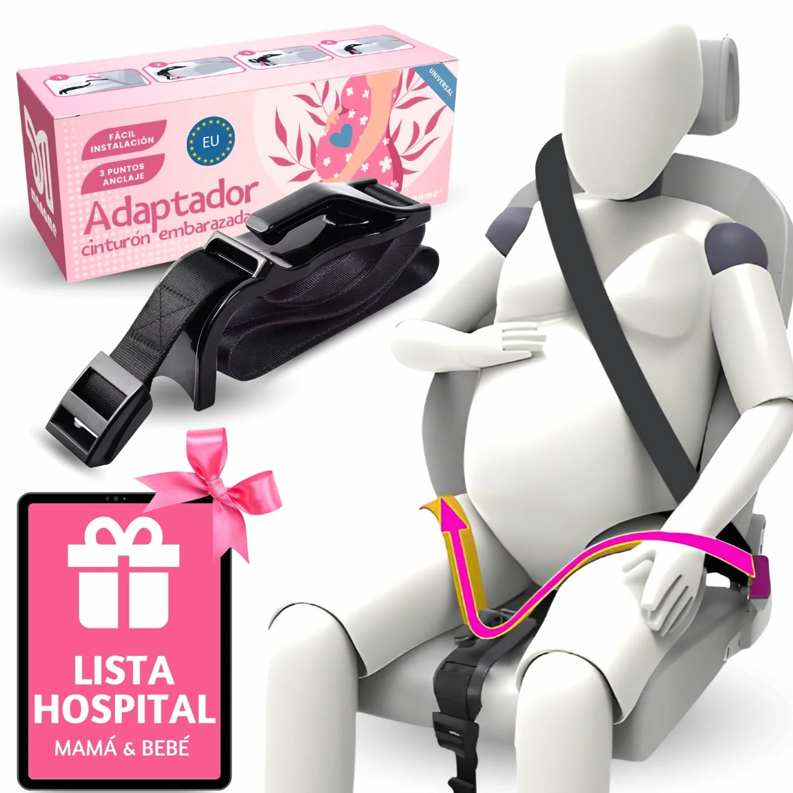 Adaptador Cinturon De Seguridad Para Embarazada. Ajustador Homologado Para Maternidad, Protege A Tu Bebe En El Coche De Impactos, Presiones. Anclaje Premama Embarazo.