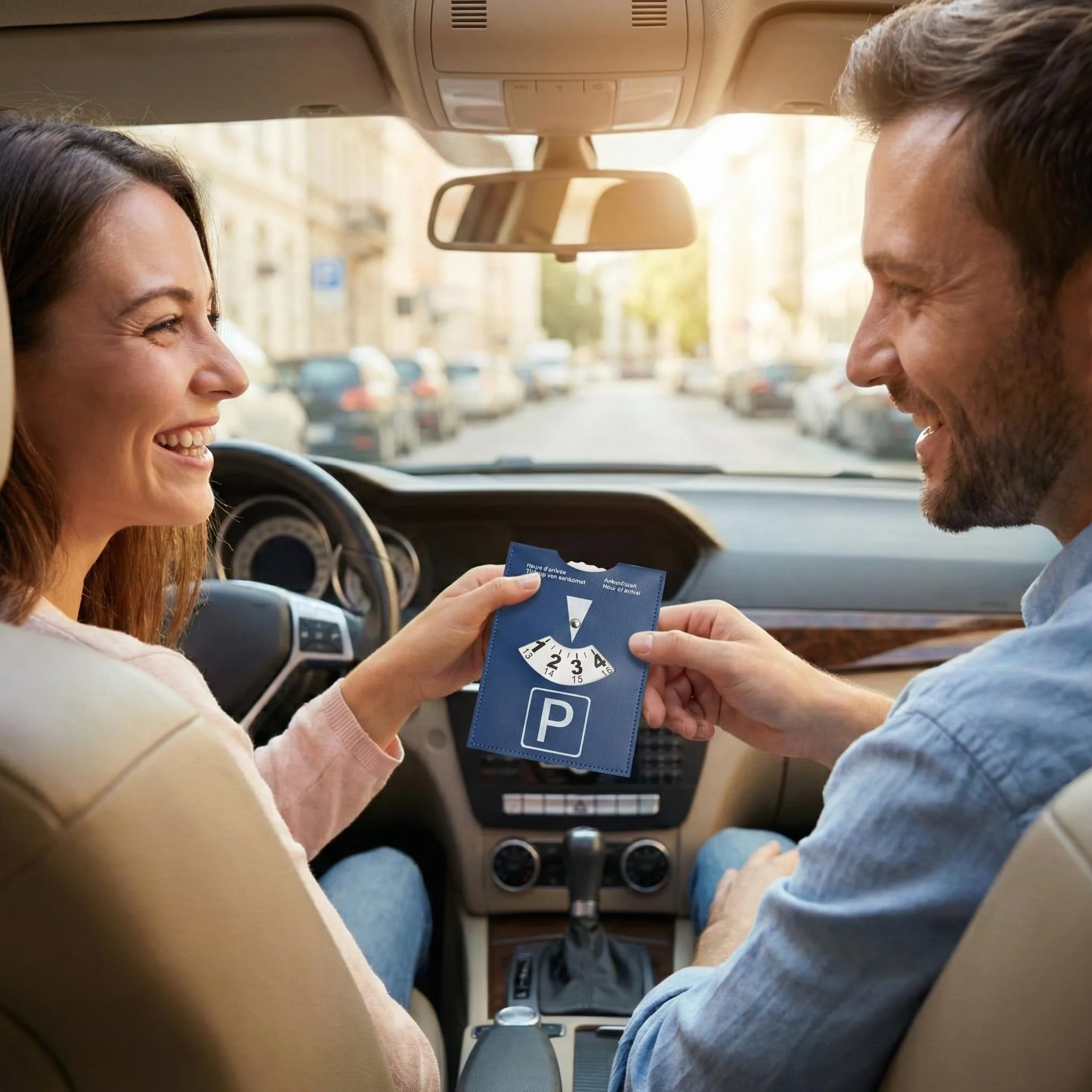 Disco horario Europeo para estacionamiento 1 Unidad Grande 10x13 cm Color Azul en Cuero sintético Suave para Coche Moto y Autocaravana Uso Urbano y Viajes
