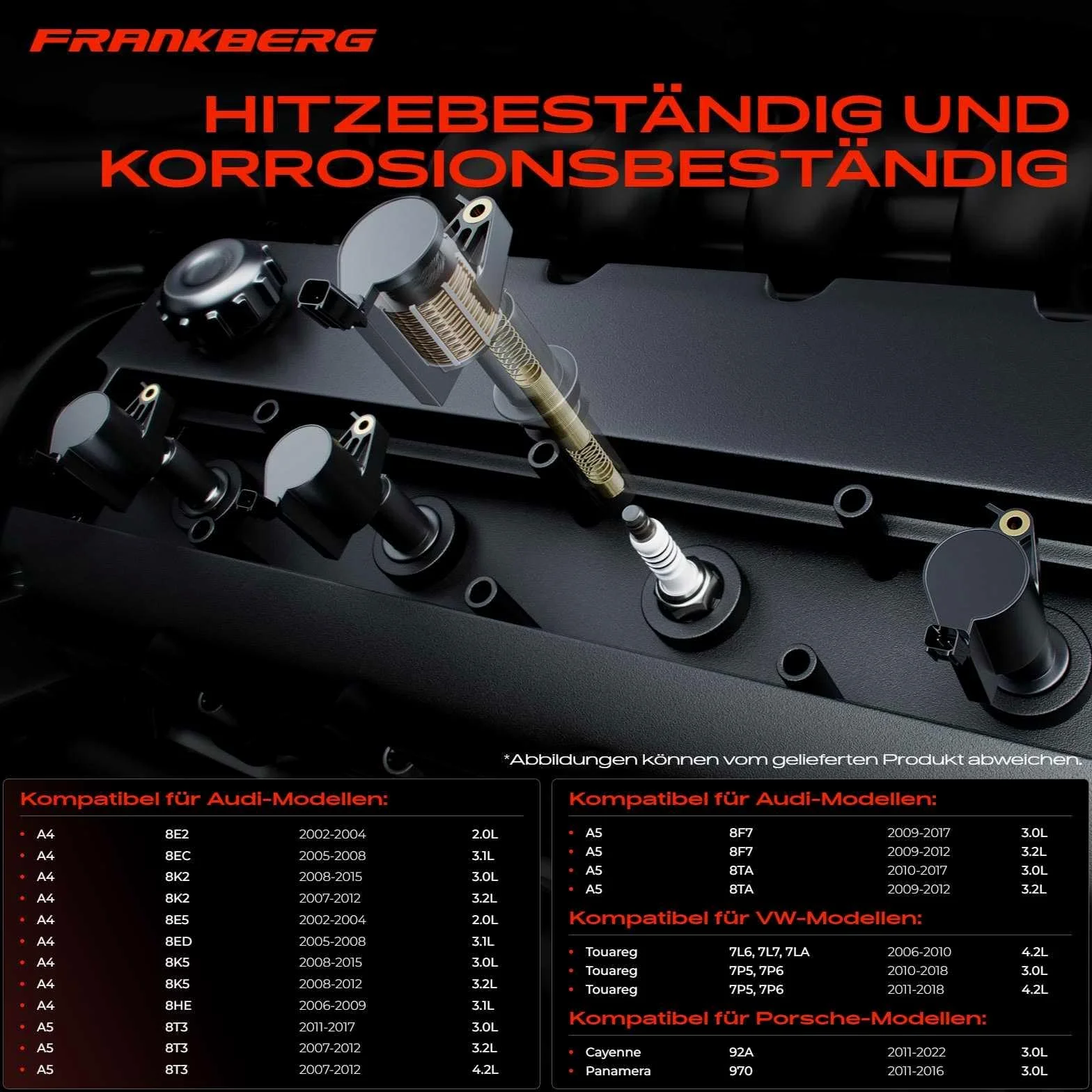 Frankberg Juego de 4 bobinas de encendido y bujías para gasolina | Compatible con: R8 Spyder 427 429, A4 8EC, A8 4E2 4E8, C.a.y.e.n.n.e 92A, A5 Sportback 8TA, A6 Allroad 4GH 4GJ, Q7 4LB
