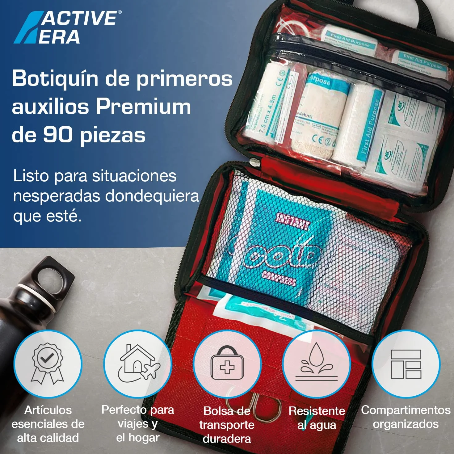 Active Era Botiquín Primeros Auxilios 90 Piezas Hielo Kit Lavado Ojos Manta Emergencia Hogar Coche