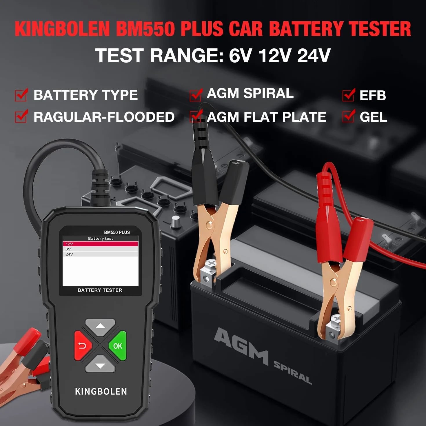 KINGBOLEN Comprobador de baterias de coche 24V/12V/6V, BM550 PLUS 2-220Ah 100-2000 CCA Pantalla LED arrancador baterias coches comprobador de pilas para coche apto para automóviles motocicleta ATV SUV