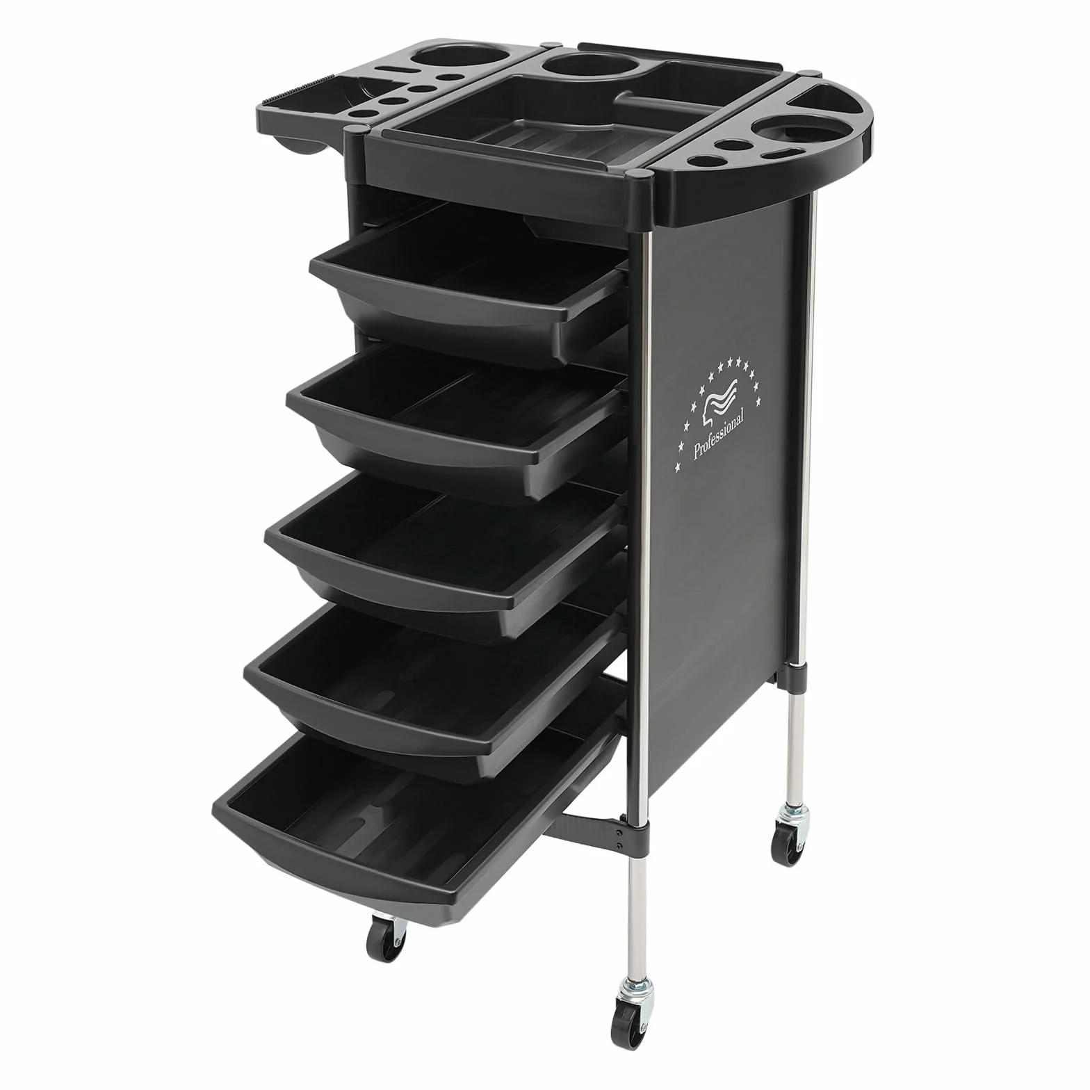 Carrito de peluquería 6 pisos 5 cajones acero inoxidable negro 36x85.5 cm