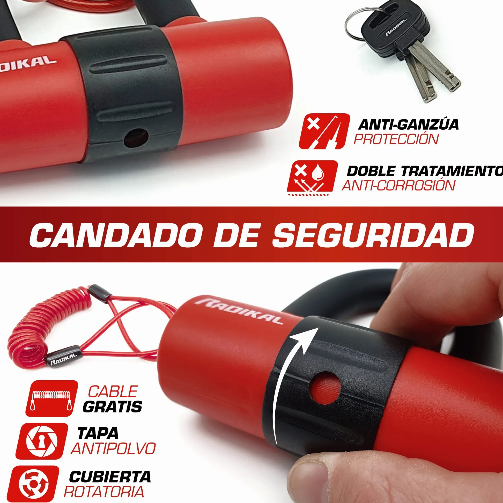 RADIKAL RK72120L Candado Antirrobo Mini U con Cadena Lazo 120 cm, Más Polivalente para Candado Moto Disco +Cable, Cerradura Alta Seguridad y Doble Cierre Antirobo Universal para Moto Scooter Bicicleta