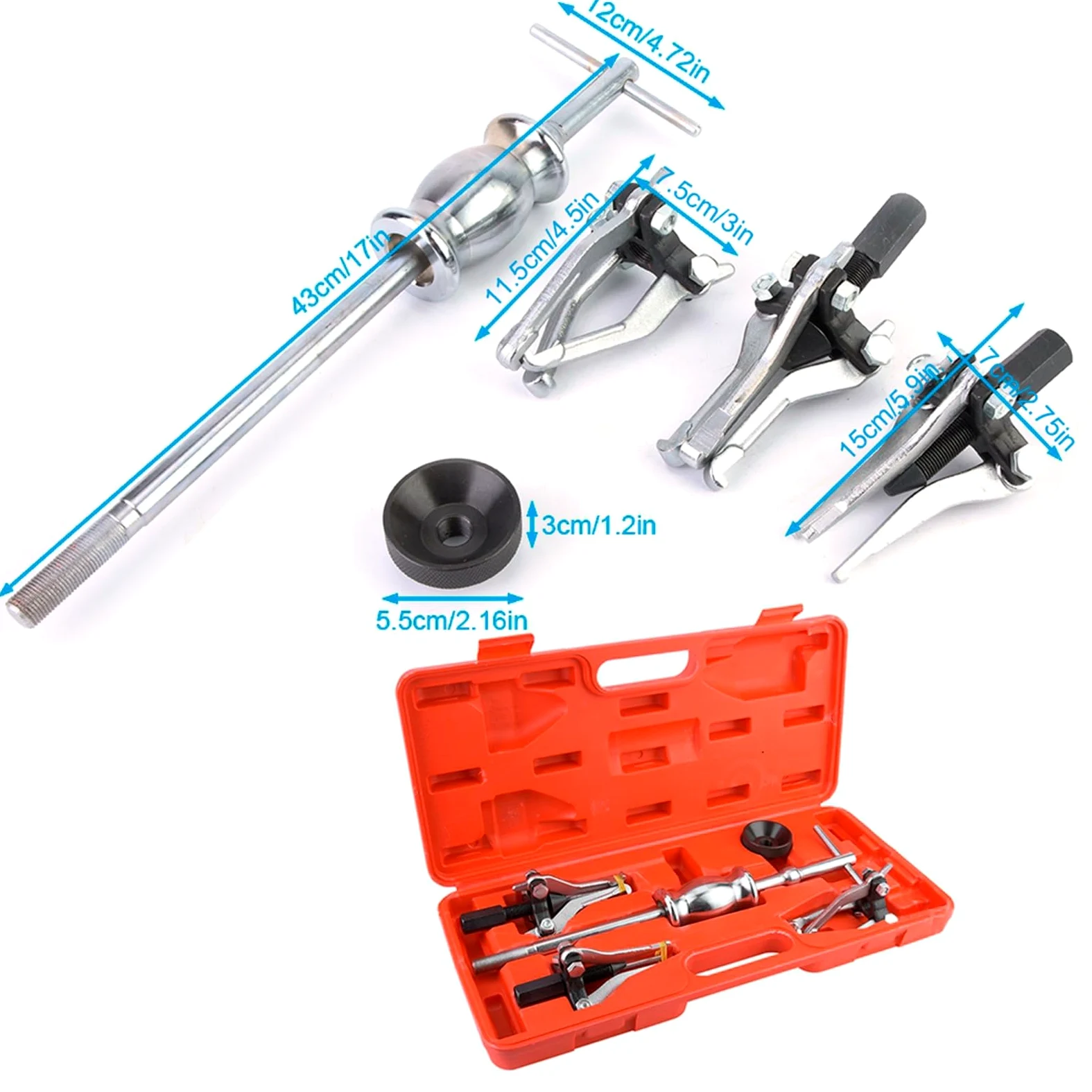 CHICIRIS Extractor de Rodamientos de Engranajes, Kit de Extractor de Rodamientos de Acero Al Carbono con Martillo Deslizante de 1,2 Kg, Herramienta de Extracción Externa Interna de 3 Mordazas de 5