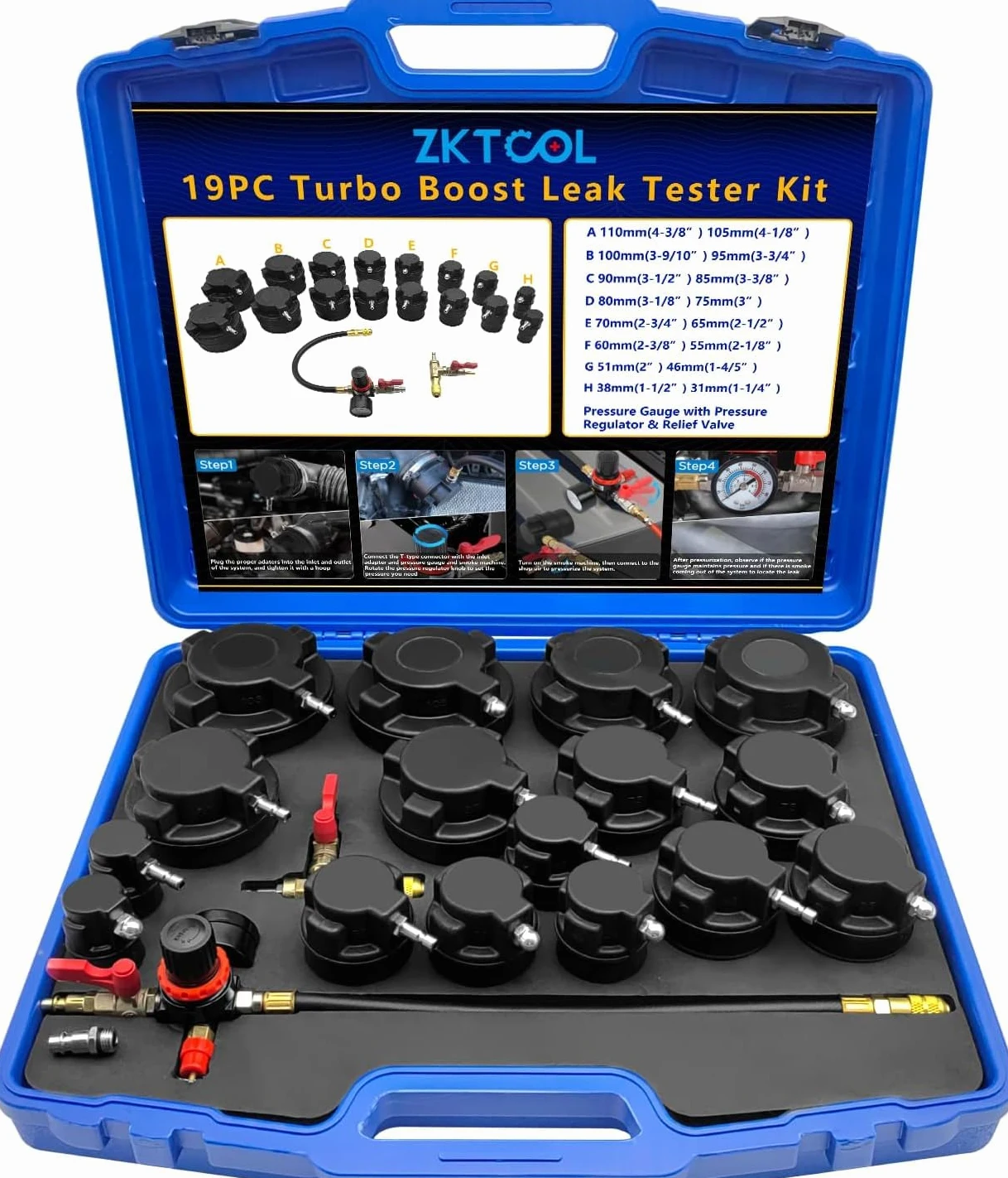 ZKTOOL 19 probadores de fugas de sistema turbo, medidor de presión de aire de turbocompresor, probador de fugas de presión de turbina, probador de fugas de manguera, con 7 pares de adaptadores