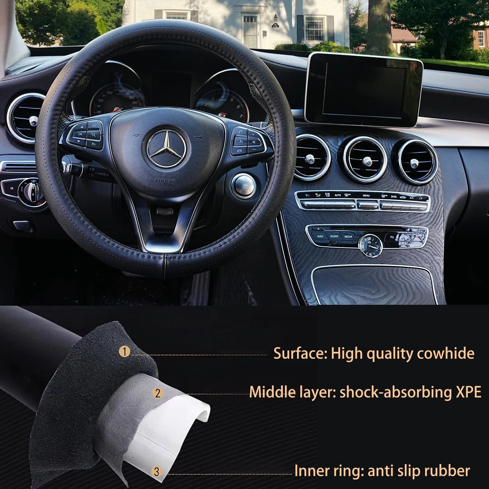 Funda para volante de coche de piel auténtica negra para hombres y mujeres, funda de cuero vacuno, suave, transpirable, antideslizante, funda de volante de lujo, tamaño estándar universal de