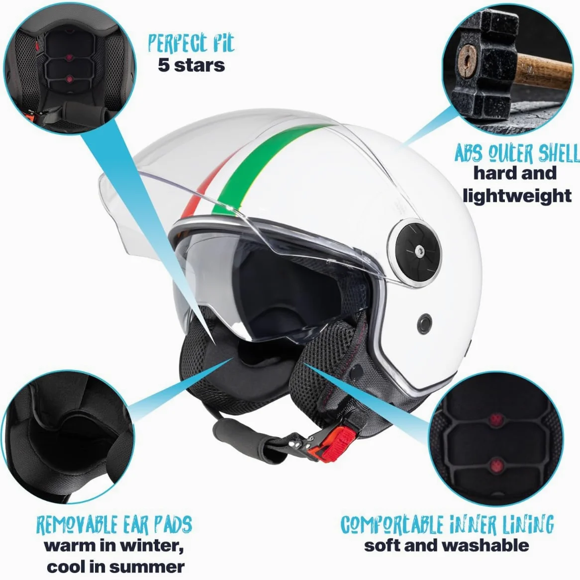 VINZ Neiva Casco Jet con Doble Visera | Casco Scooter & Moto & Ciclomotor | con Visera Solar & Bandera Italiana | ECE 22.06 Homologado | En Tamaño XS - XXL | para Hombre y Mujer