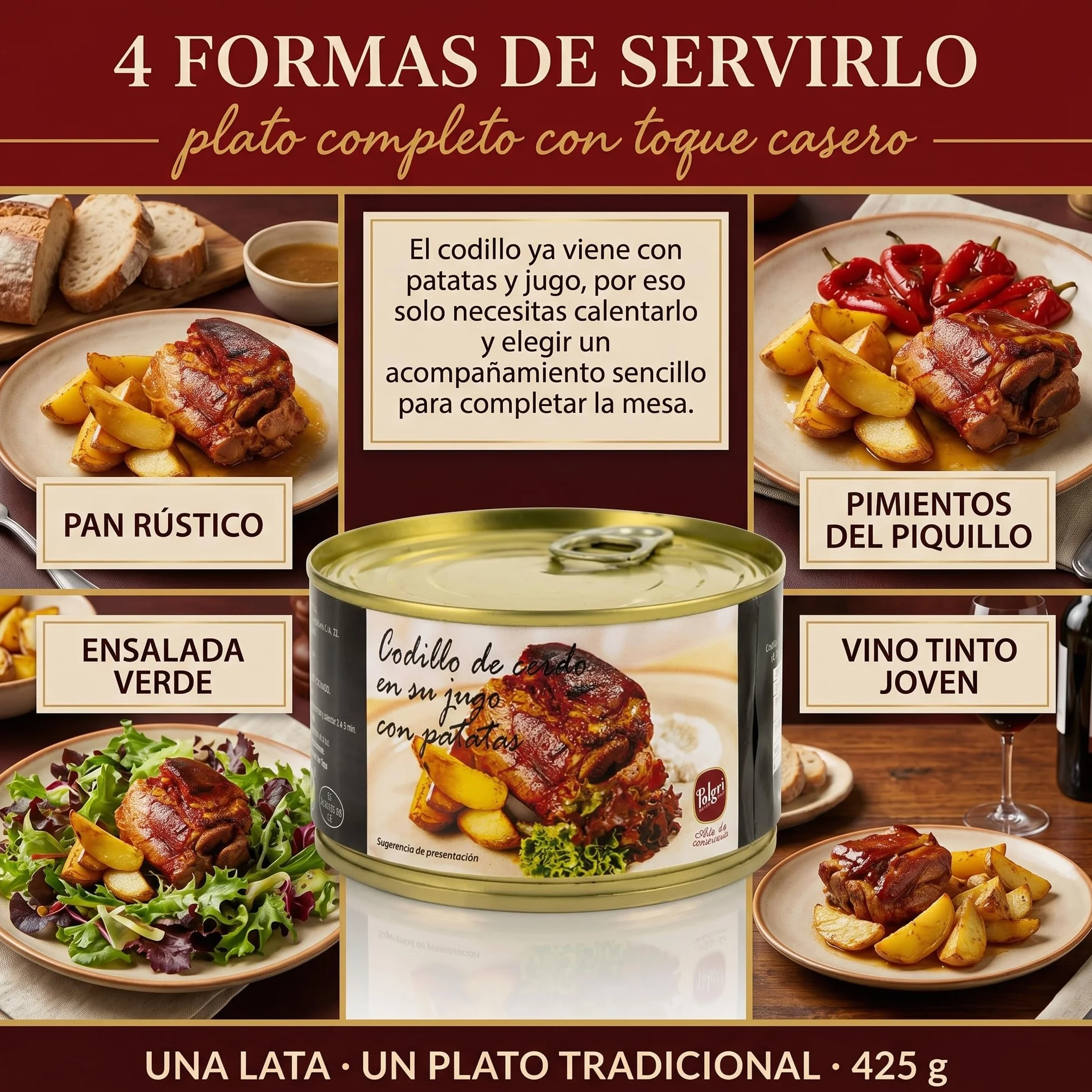 POLGRI Codillo de Cerdo en su Jugo Deshuesado con Patatas Lata 425 g Conserva Carne Cocinada Receta Manchega