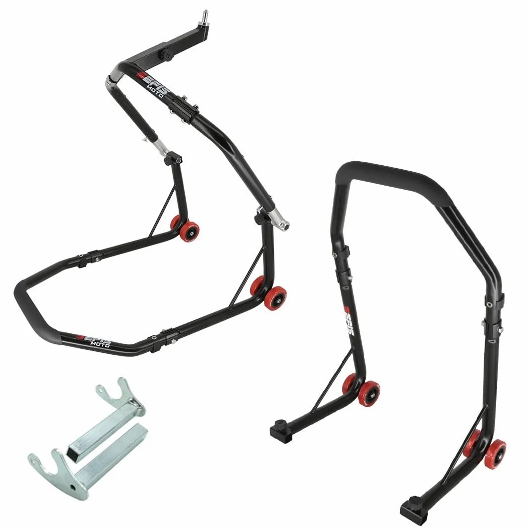 SEFIS D18 Set de caballetes para motocicleta, caballete de rueda delantera, elevador de rueda trasera, soporte de servicio frontal y trasero, caballete de montaje trasero para motocicleta, set de