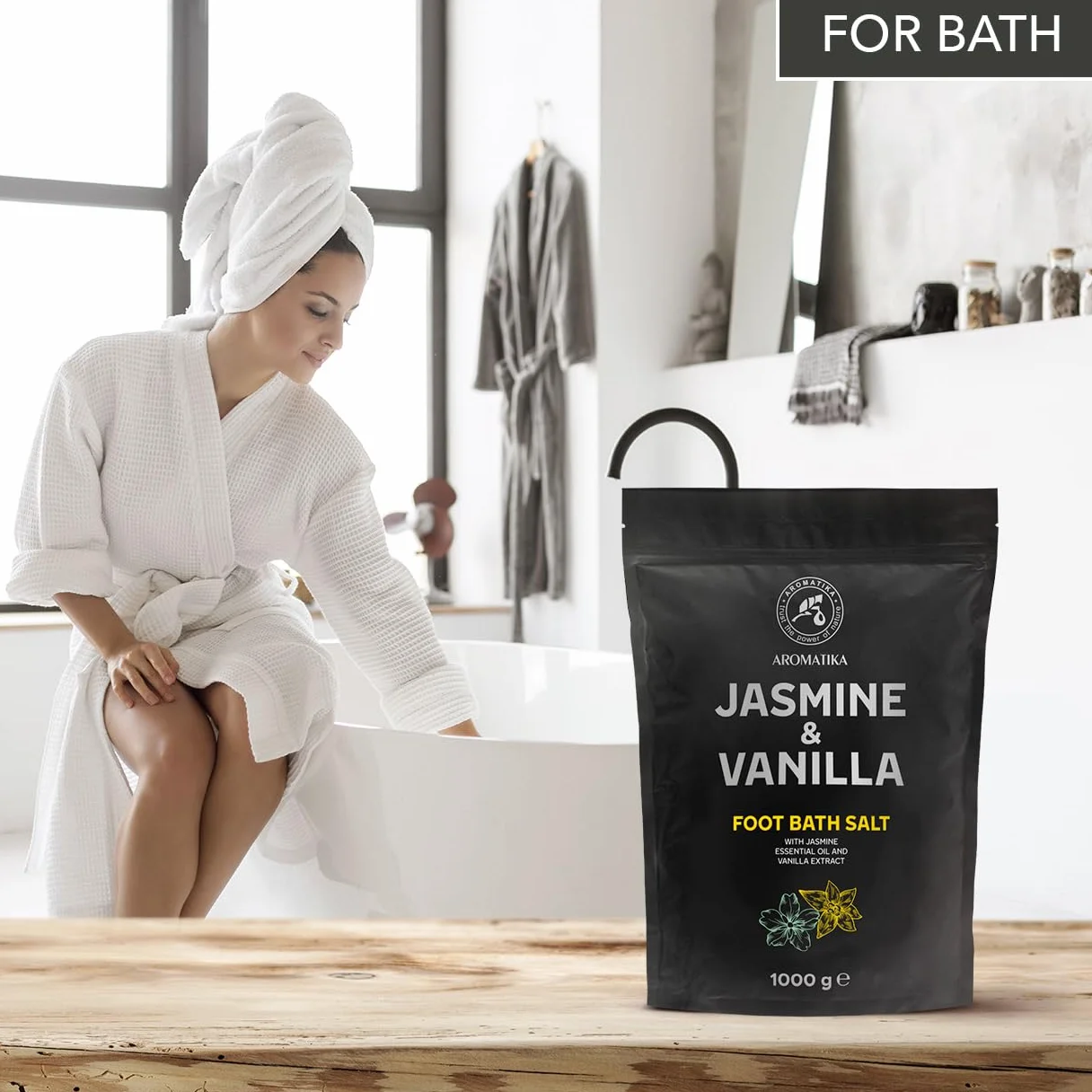 Sal de Baño para Pies Jazmín Vainilla 1000g Sal Marina Natural con Aceite Esencial de Jazmín y Extracto de Vainilla Cuidado de Pies