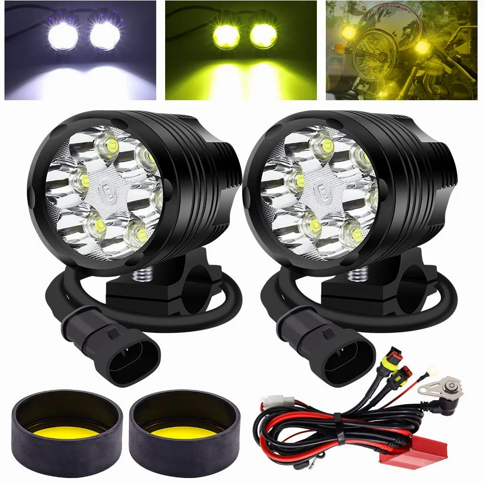 2 luces Auxiliares para Motocicleta con Arnés de Cableado y Lente Amarilla, 60W Faros Delanteros para Motocicleta, Luces Antiniebla LED DRL 12V 24V para Coche, Camión, Barco, ATV, SUV