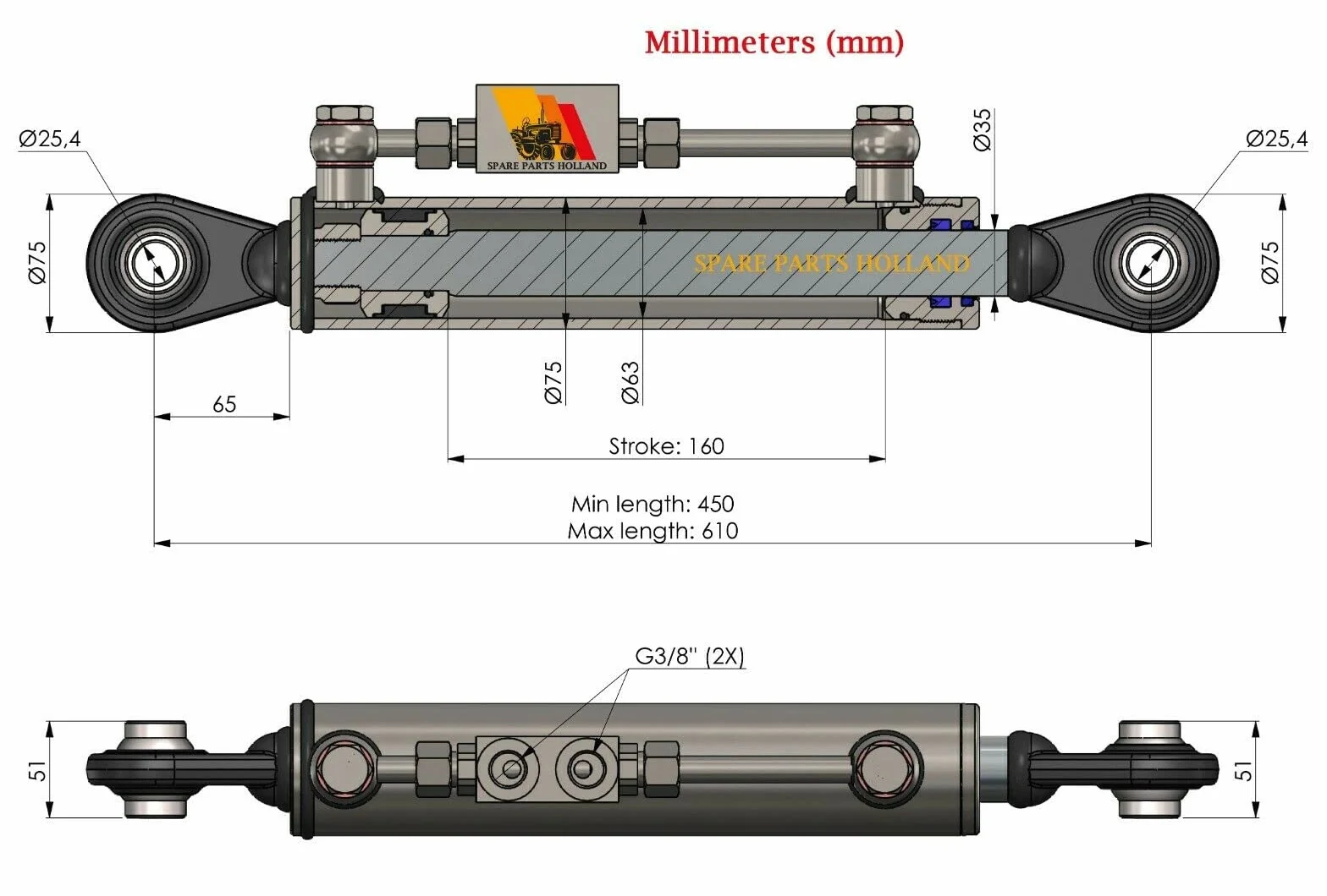 Tercer Punto Hidráulico Cat 2 450-610 mm con Bloque de Bloqueo y 2 Mangueras