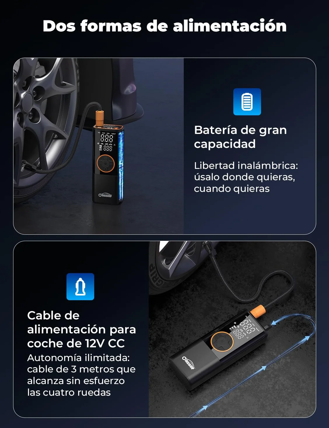 Oasser Compresor Aire Portatil 6000mAh 150PSI Inflador Ruedas Coche Pequeño Pantalla LCD Doble Visualización Cable Encendedor 3M Parada Automática Bolsa Almacenamiento para Coche Moto Bicicleta Bola