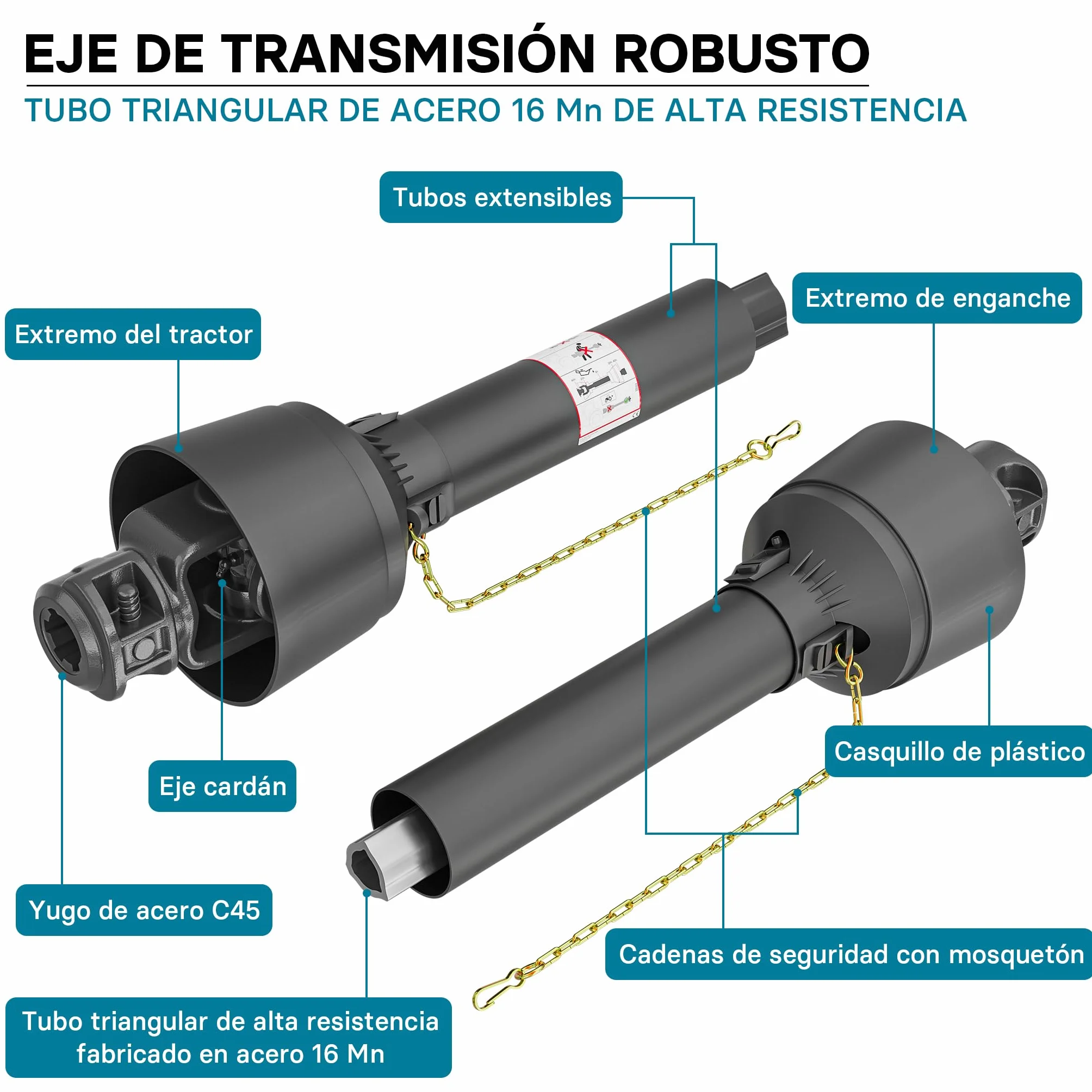 WilTec Toma de Fuerza T4 Eje transmisión cardán 850-935mm 460Nm 540rpm PTO 40kW 55CV 2X 1 3/8" 6 Dientes