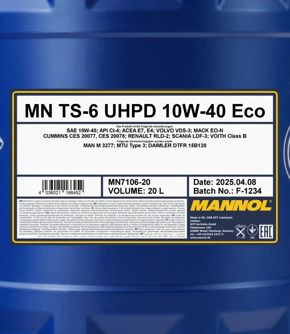 MANNOL Aceite de motor 10W-40 TS-6 ACEA E4 ACEA E7 API CI-4 API SL UHPD Eco 20L Compatible con MERCEDES-BENZ Clase C T-modell S204 Clase E T-modell S212 Clase E Sedán W212 Clase C Sedán W204 | Api Ci-4/SL Acea E4/E7 228.5,