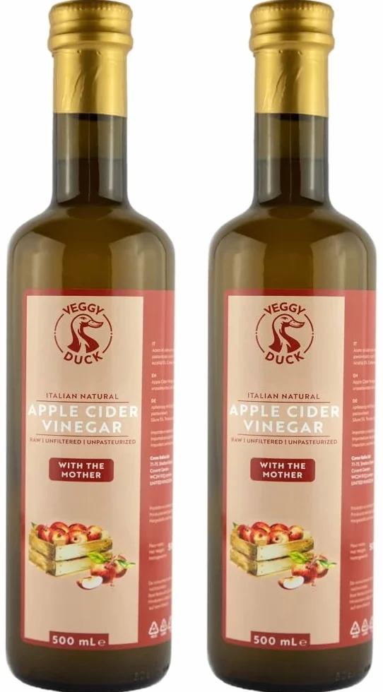 Veggy Duck Vinagre de Sidra de Manzana Natural Italiano con la Madre 2 x 500ml Puro Sin Filtrar Sin Pasteurizar