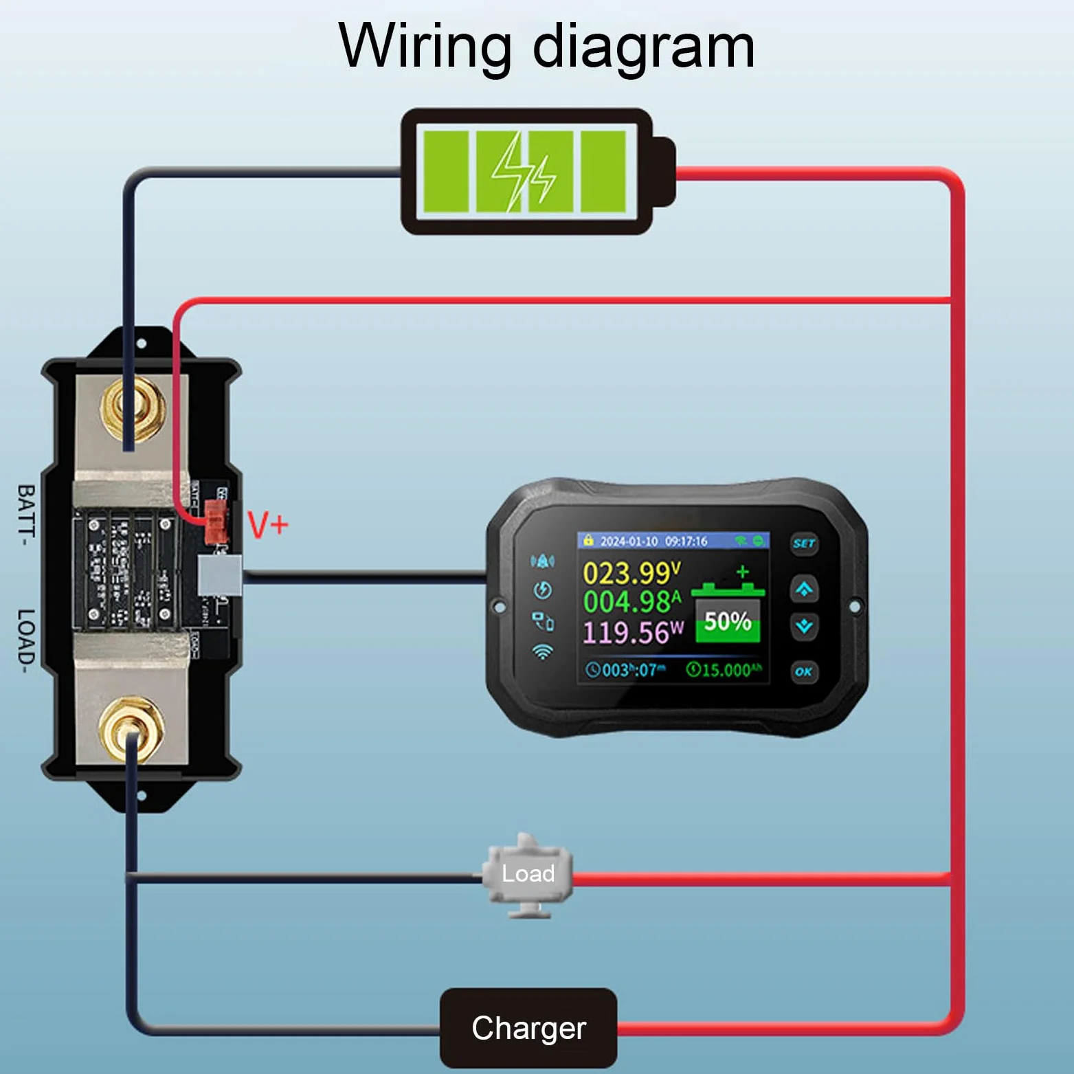Medidor de Batería con Pantalla de 2,4 Pulgadas, Probador Remoto de 2 Vías con Cable de Comunicación de 5m para Coche Eléctrico, Scooter, RV, 10 a 100V, 600A