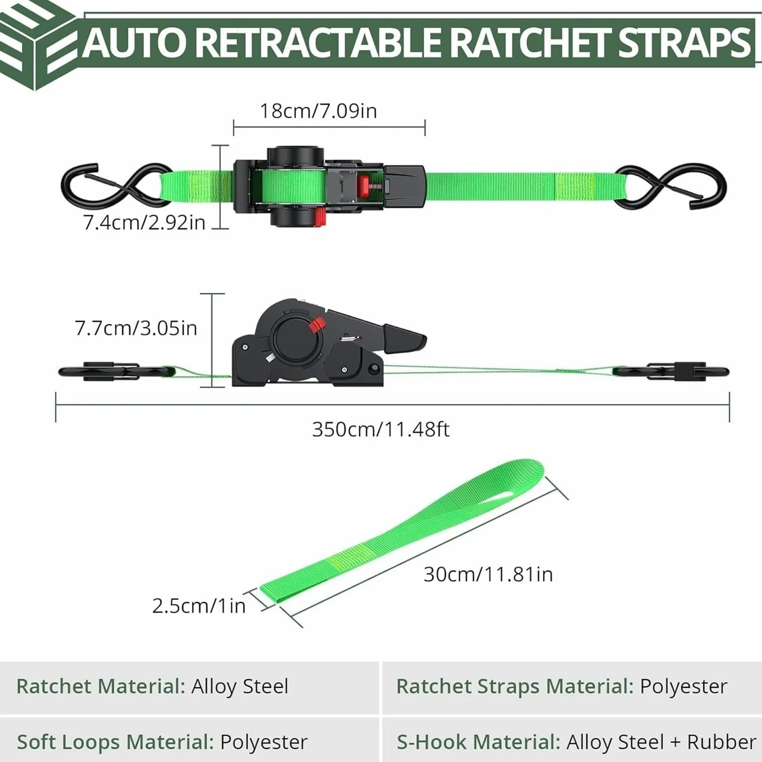 cinchas de Amarre Correas de Amarre con trinquete retráctiles (Paquete 4): Longitud 3,5 m, Resistencia a la Rotura 640 kg, Mecanismo retracción automática, Ganchos en S