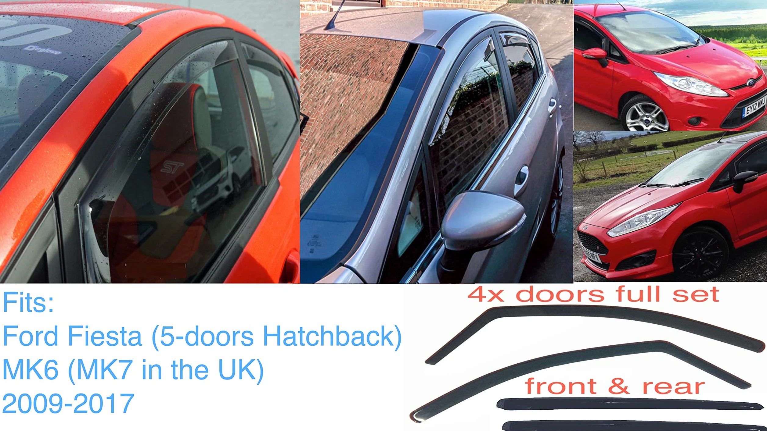 4X Deflectores de Aire para Ford Fiesta 2008-2017 MK6 (MK7 en el Reino Unido) 5 Puertas Hatchback Derivabrisas Ajuste Interior protección Sol Lluvia Nieve Viento