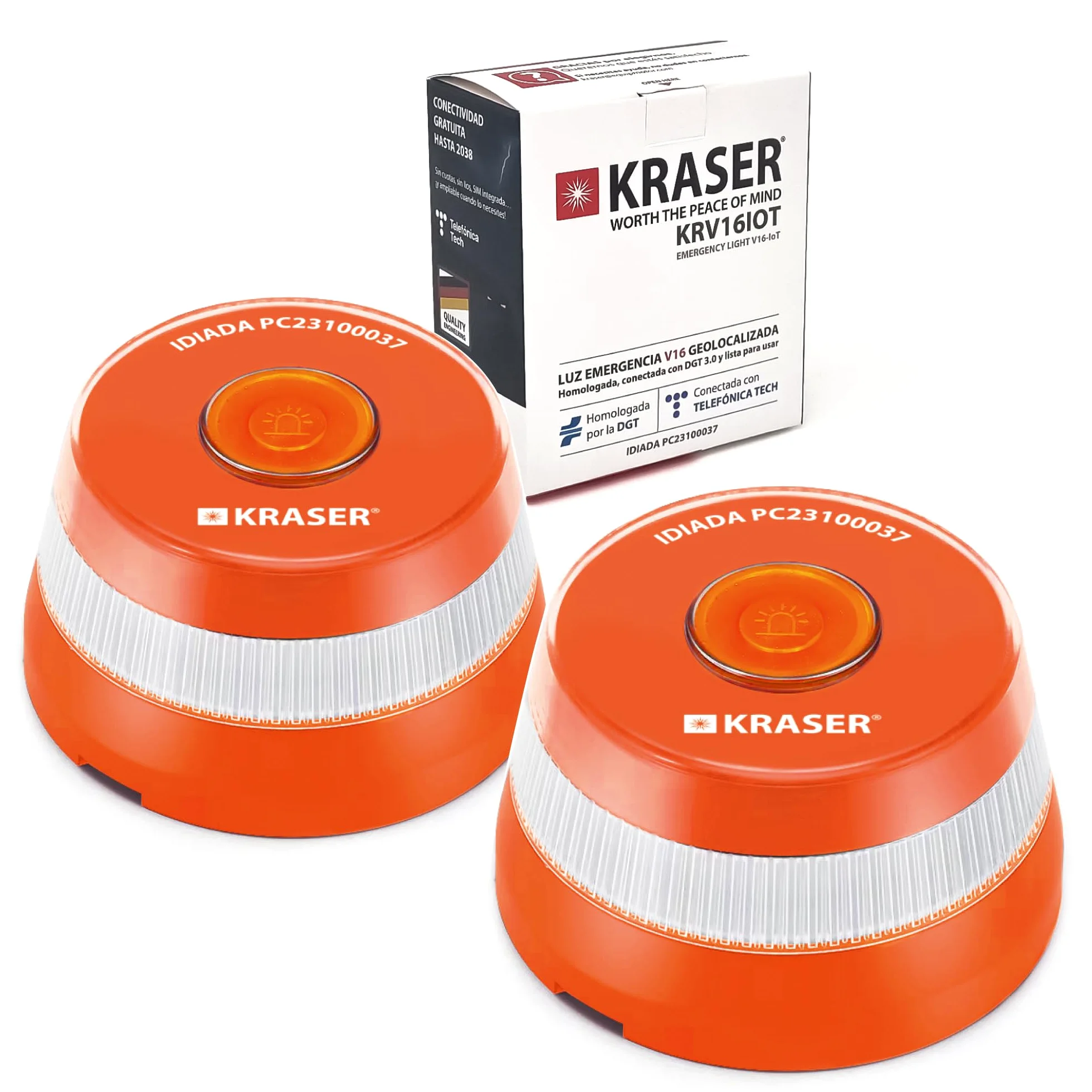 KRASER KRV16IOT Baliza V16 Homologada DGT Geolocalizador Avanzado 3.0 Luz Emergencia Coche Obligatoria 2026 SIM Datos Incluidos Telefonica Base Magnetica LED 360º 2ud
