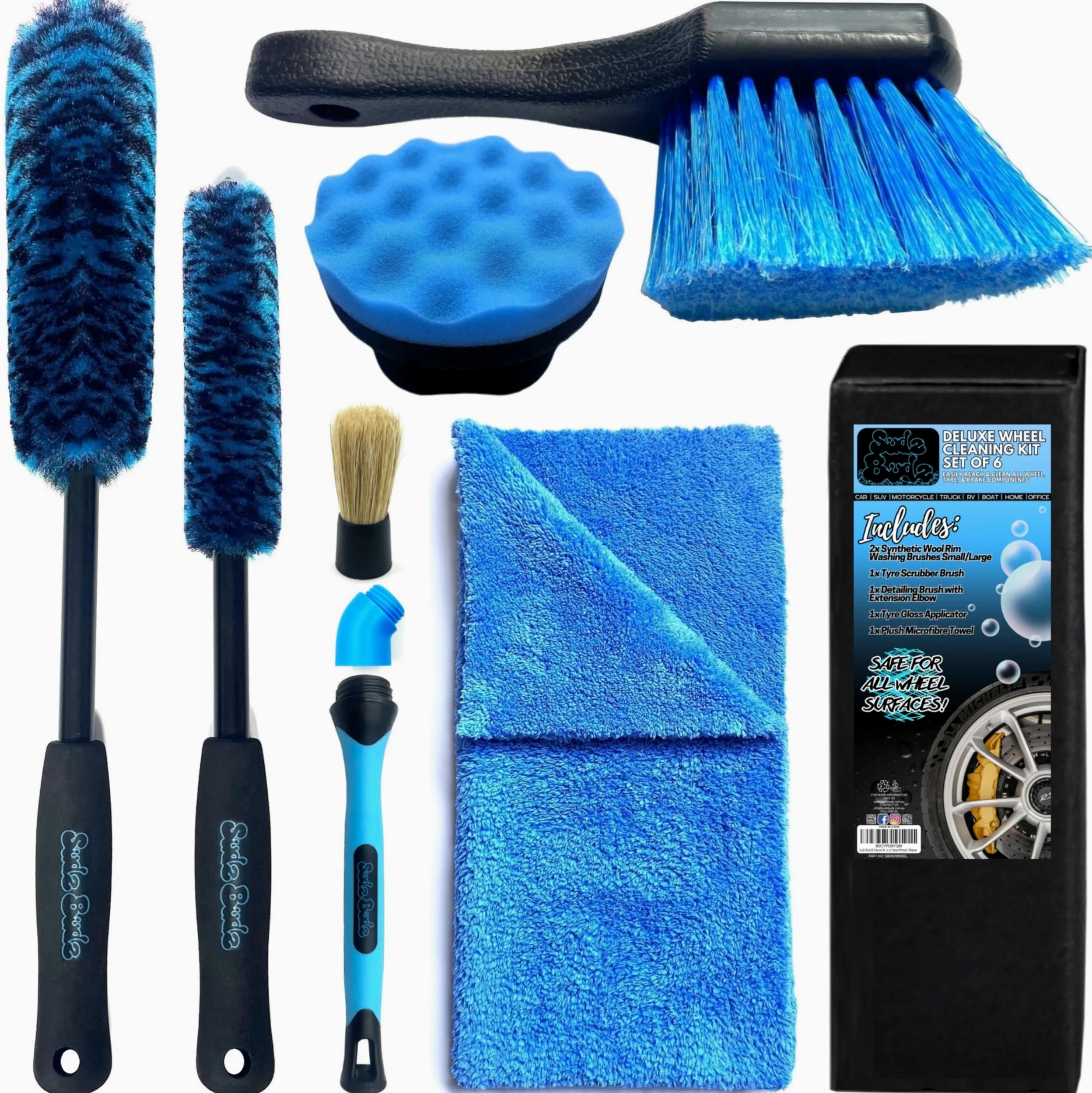 Set de 6 Cepillos de Lavado de Llantas Deluxe, Largos/Cortos, Flexibles, sin Arañazos, Toalla Secado