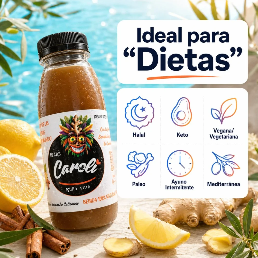 CAROLI Bebida de jengibre limón y canela Refresco natural Sin gas Sin azúcares Sin alcohol Digestiva Antiinflamatoria Antioxidante Hidratante Ginger 6x230ml