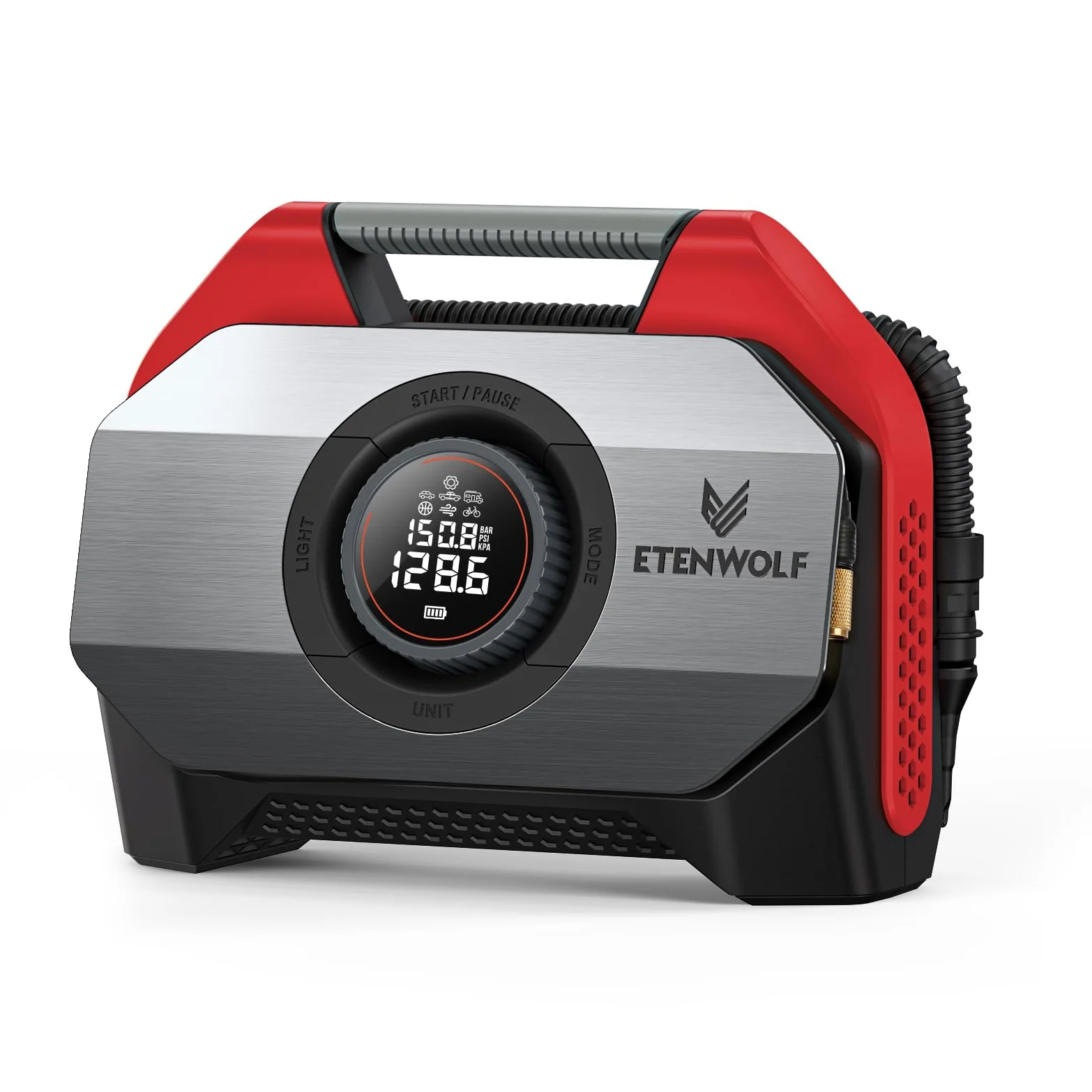 ETENWOLF VORTEX S6 - Compresor de aire portátil para vehículos pesados, bomba de aire inalámbrica para automóvil e inflables con batería de 19200 mAh, ciclo de trabajo 100% y bomba de bicicleta de