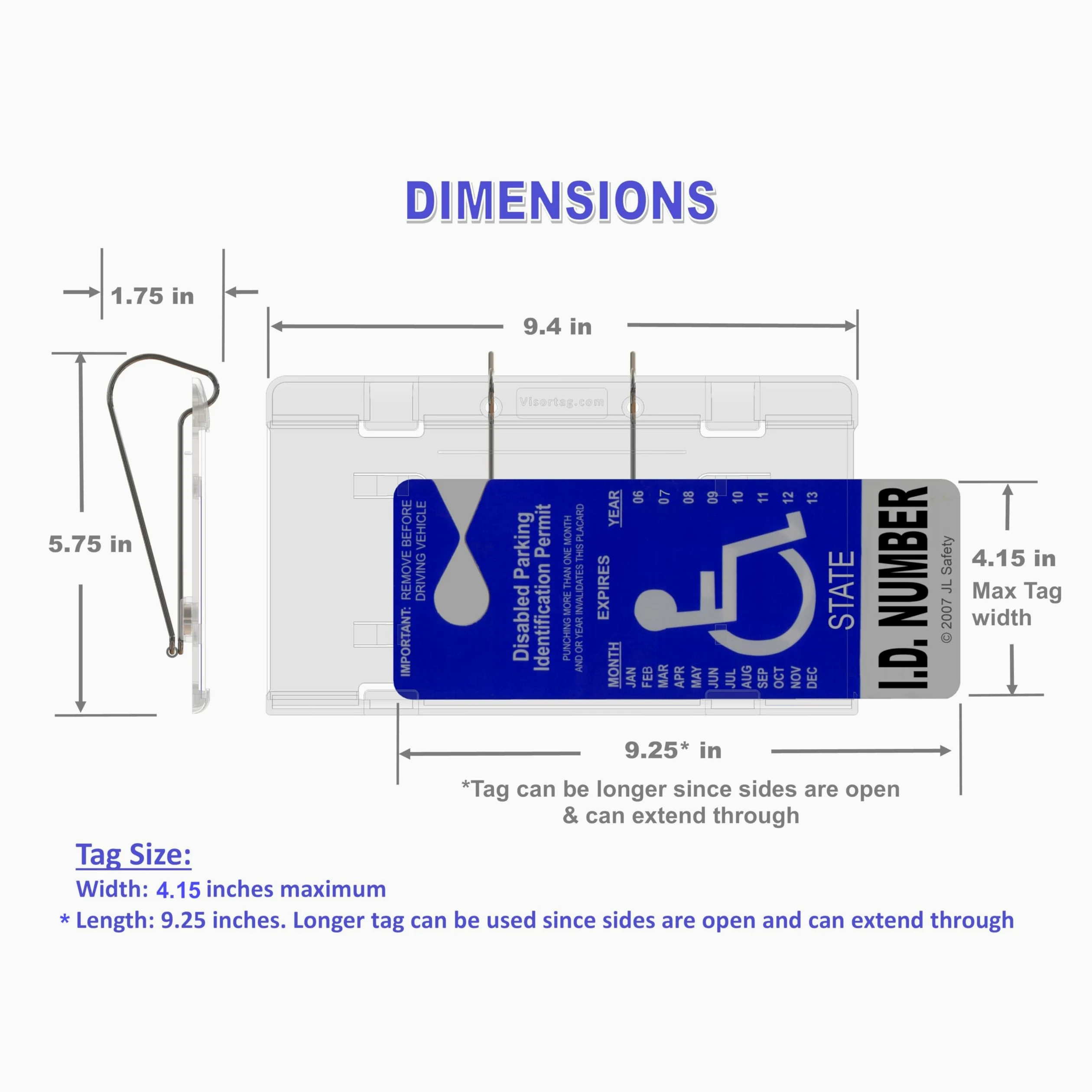 VisorTag Horizontal by JL Safety - Cubierta y soporte para carteles para discapacitados. Muestra y balancea fácilmente tu cartel de estacionamiento para discapacitados. El mejor soporte para etiquetas