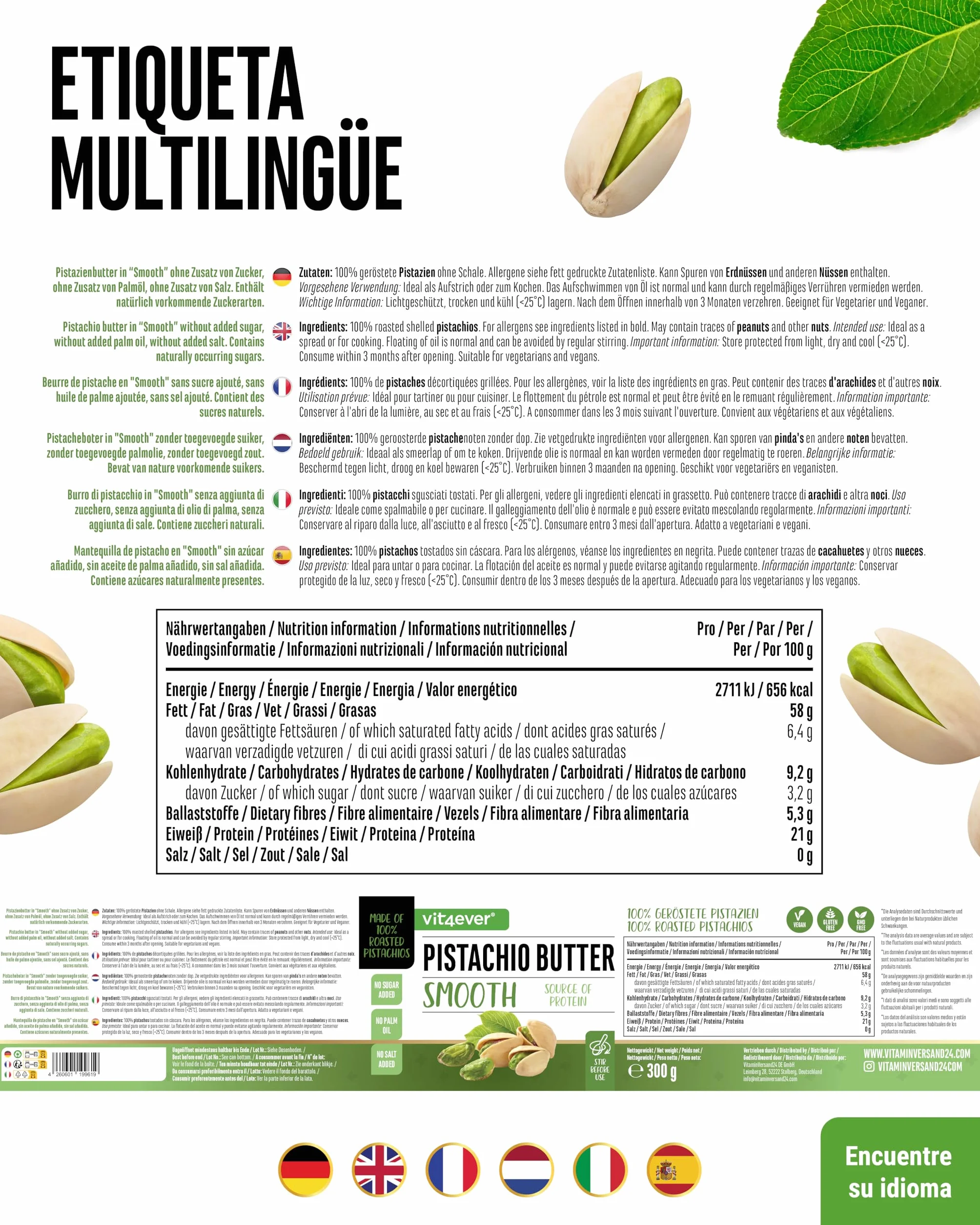 Mantequilla de pistacho 300g crema natural 100% pistachos sin sal vegano