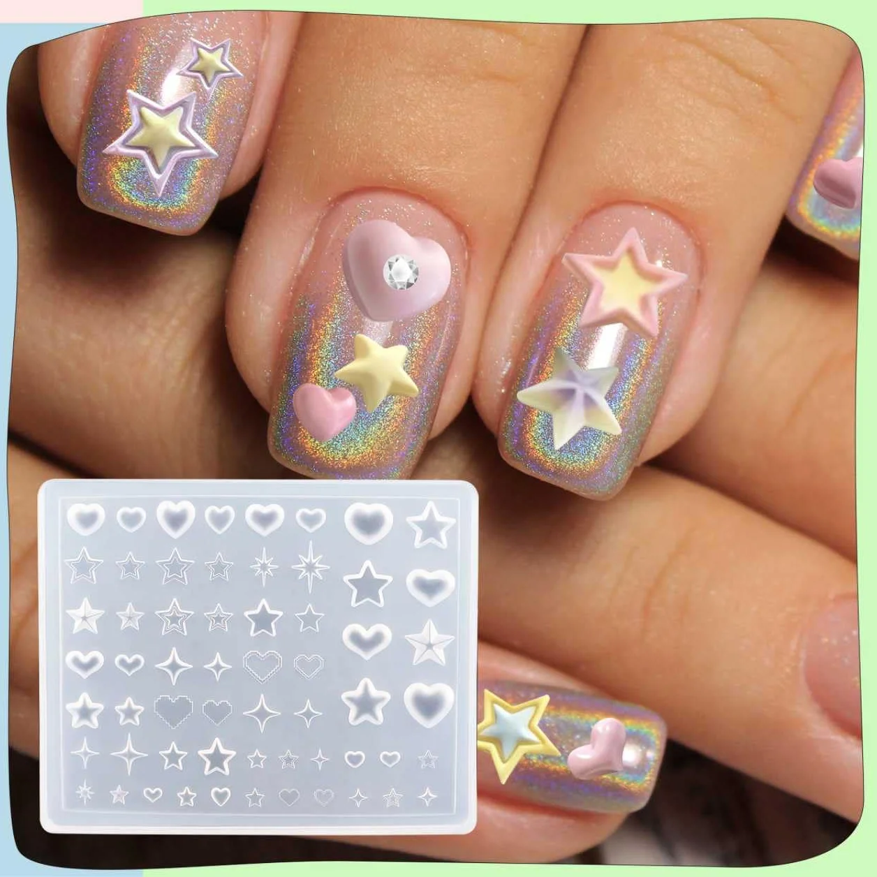 Plantillas de Uñas Y2k Corazón Estrellas Starburst, Molde de Silicona Arte Uñas Francesas