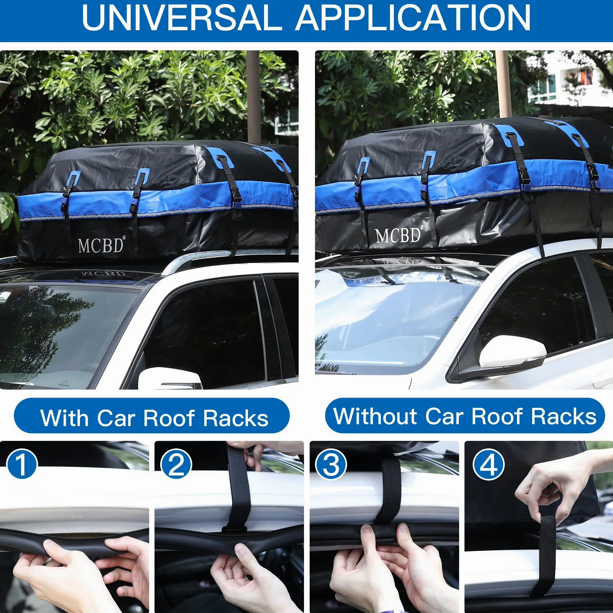 Maletero Techo Coche, 594L, Resistente al Agua, portátil, Apta para Todos los vehículos, SUV con/sin rieles, Incluye 8 Correas reforzadas y 6 Ganchos para Puerta, Azul