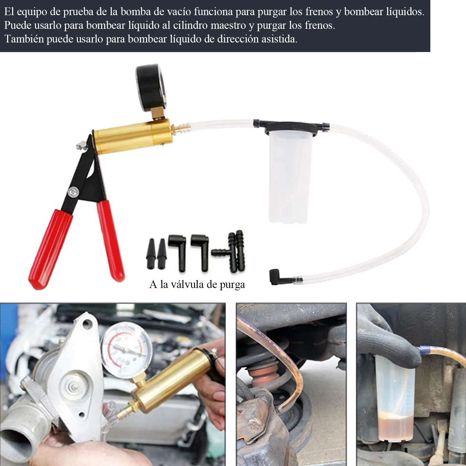 Equipo de Purga de Frenos de Freno de probador de Bomba de vacío con medidor de vacío, Adaptador para Diagnóstico de Motocicleta Coche Moto