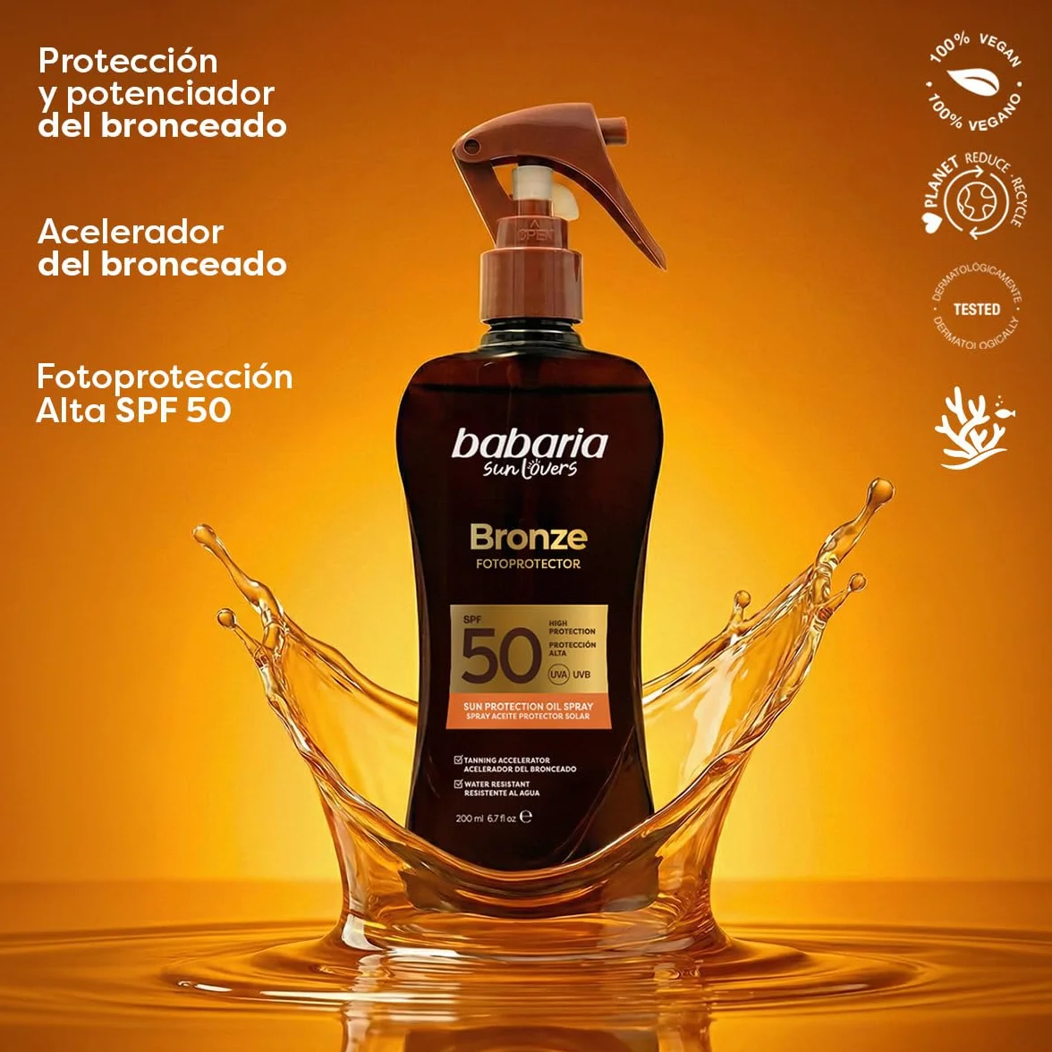 Babaria Bronceador Cuerpo Protector Solar 50 Spray 200 ml Acelerador Bronceado Coral Friendly