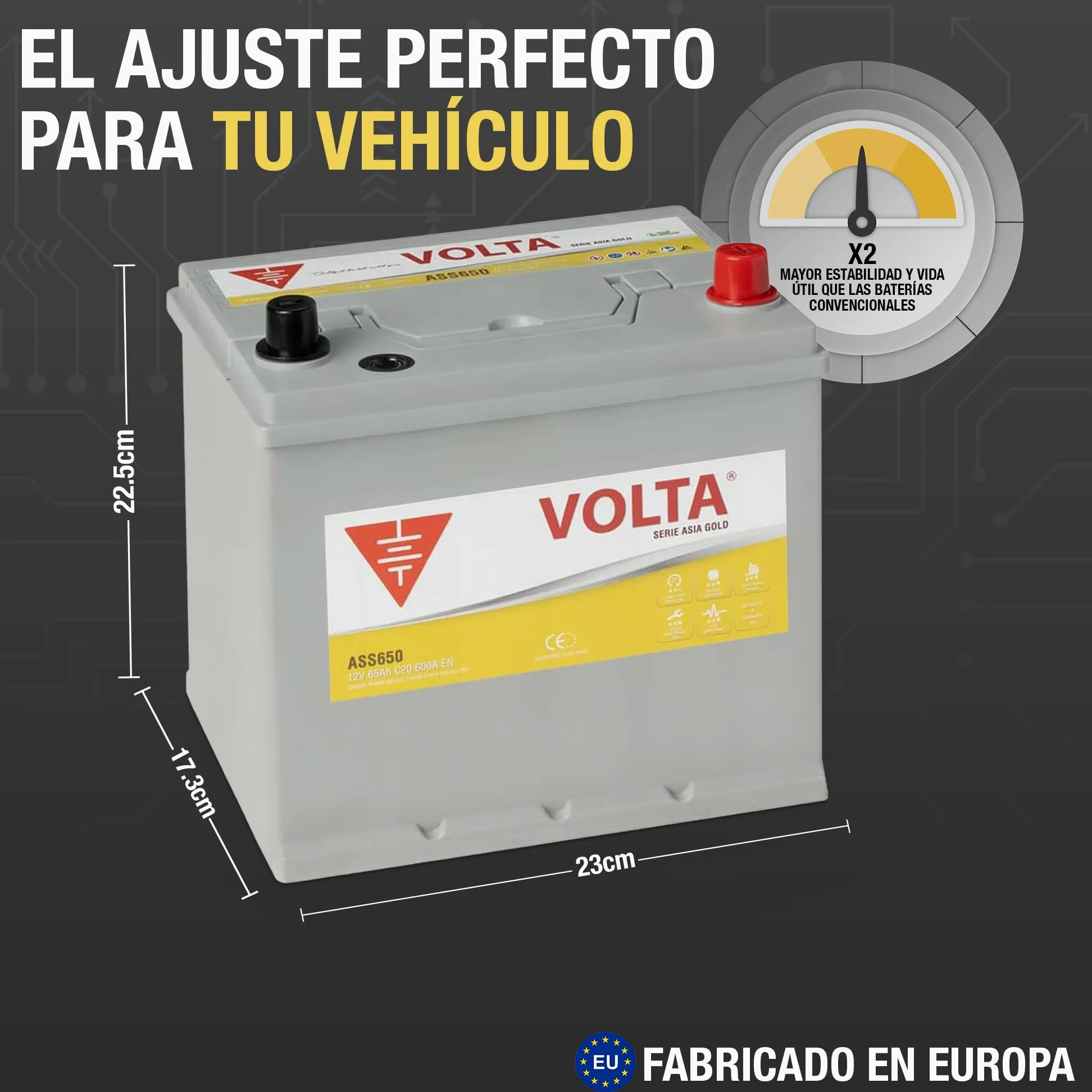 Batería de Coche Start-Stop EFB 65Ah 600 AEN - Volta Gold Asia ASS650D - Sistema Start-Stop - Borne +Derecha - Medidas Largo 230 x Ancho 173 x Alto 225 mm con 2 Años Garantía - Fabricación Europea